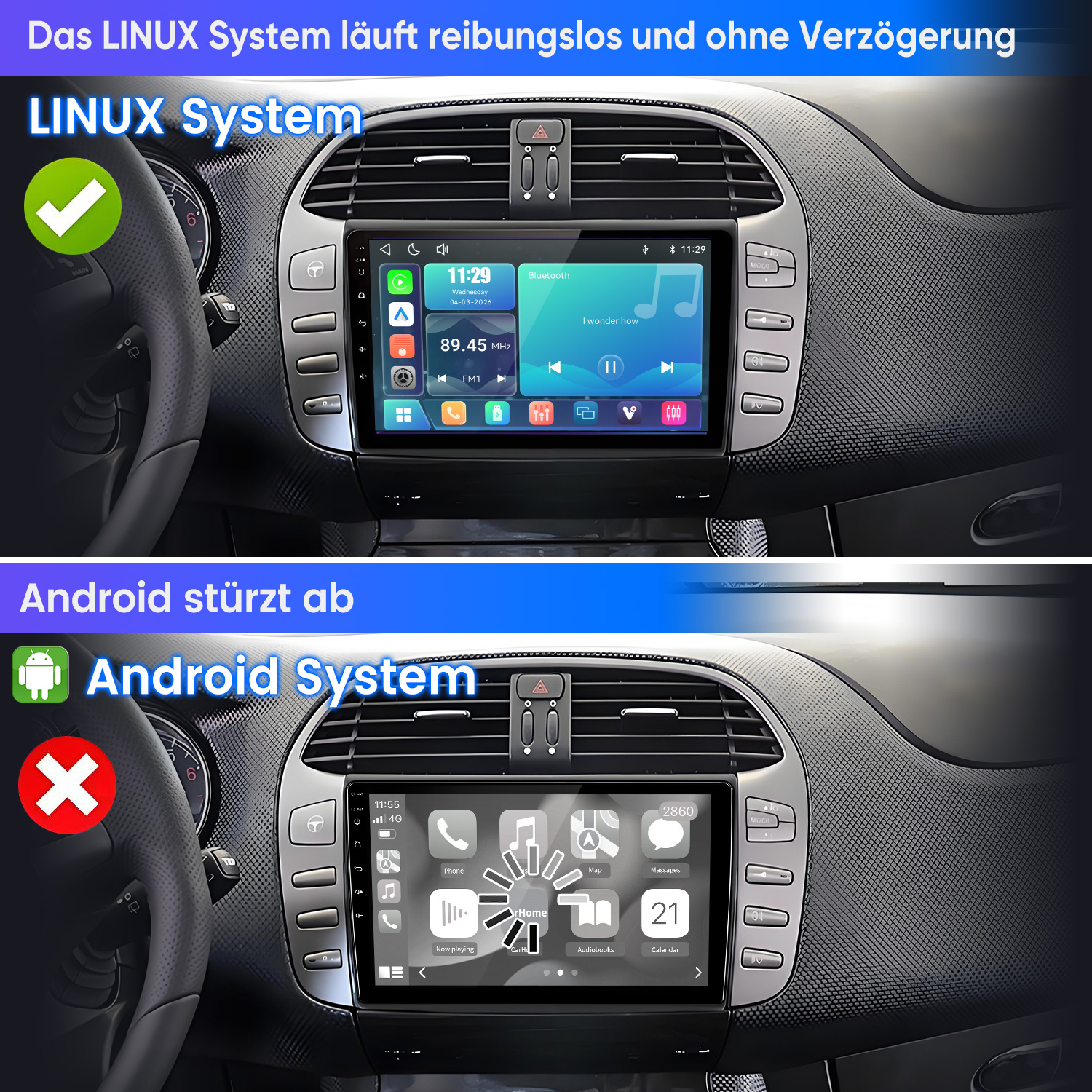 Vergleich eines reibungslosen Linux-Autosystems mit einem hängenden Android-System mit Ladekreis.