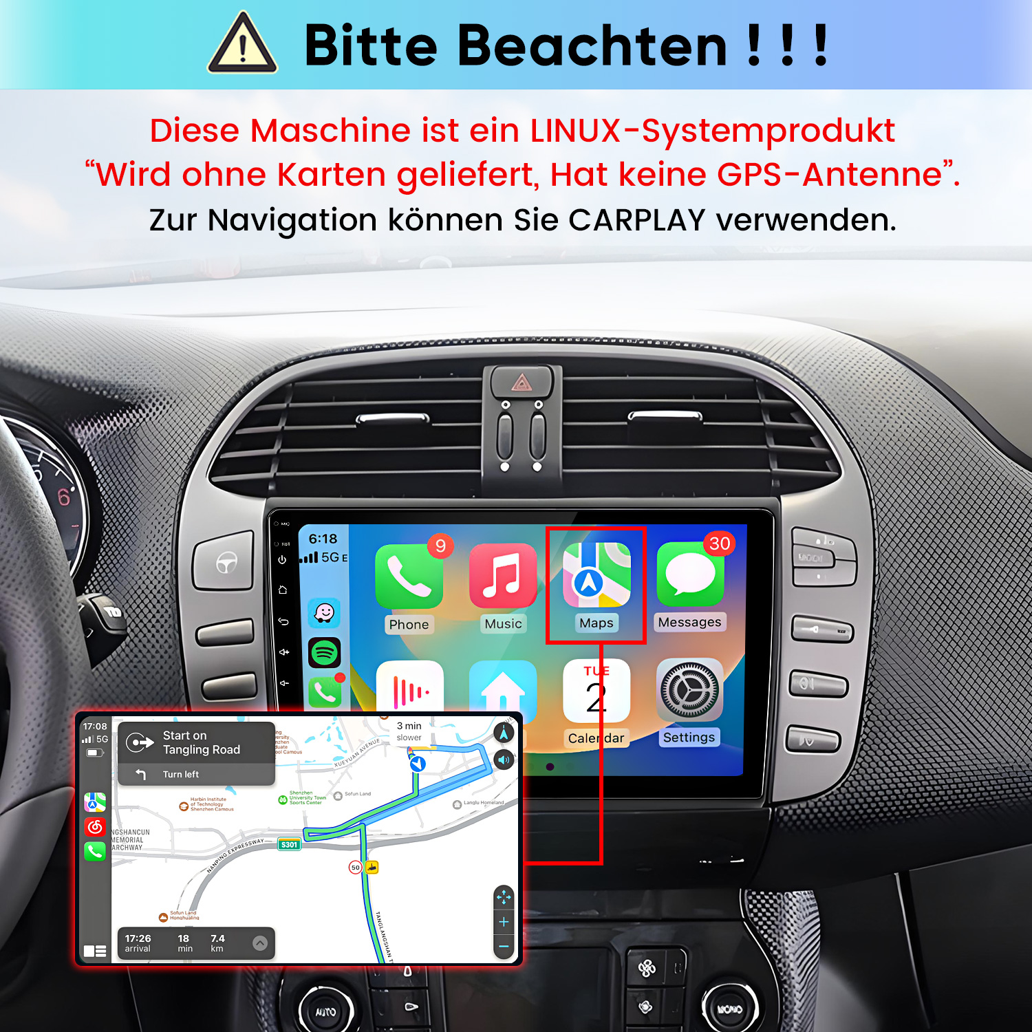Autobarmaturenbrett mit einem Touchscreen-Display, das eine digitale Kartennavigation und App-Symbole zeigt.