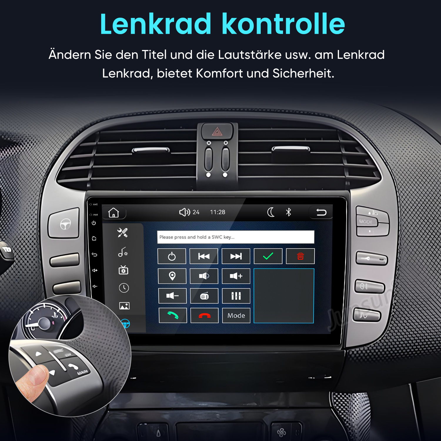 Autoinnenraum mit Touchscreen und Zoom-In-Ansicht der Lenkradtasten.