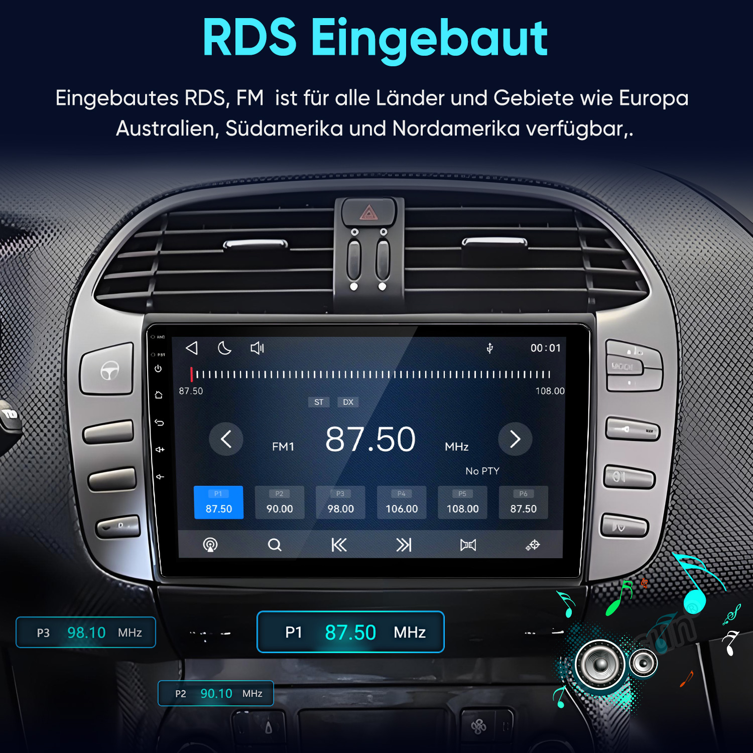 Autoradio mit Touchscreen und FM-Tuner, integriert in ein Armaturenbrett.