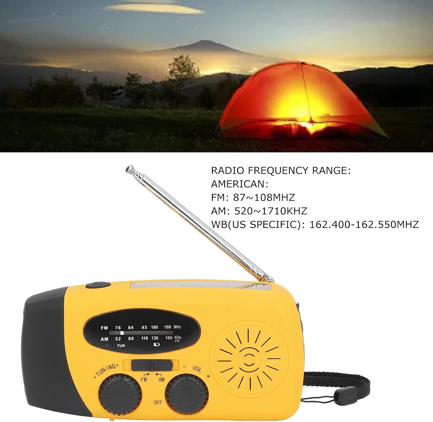 Ein gelbes Kurbelradio mit Antenne und Display, unten mit einem beleuchteten Zelt bei Sonnenuntergang.