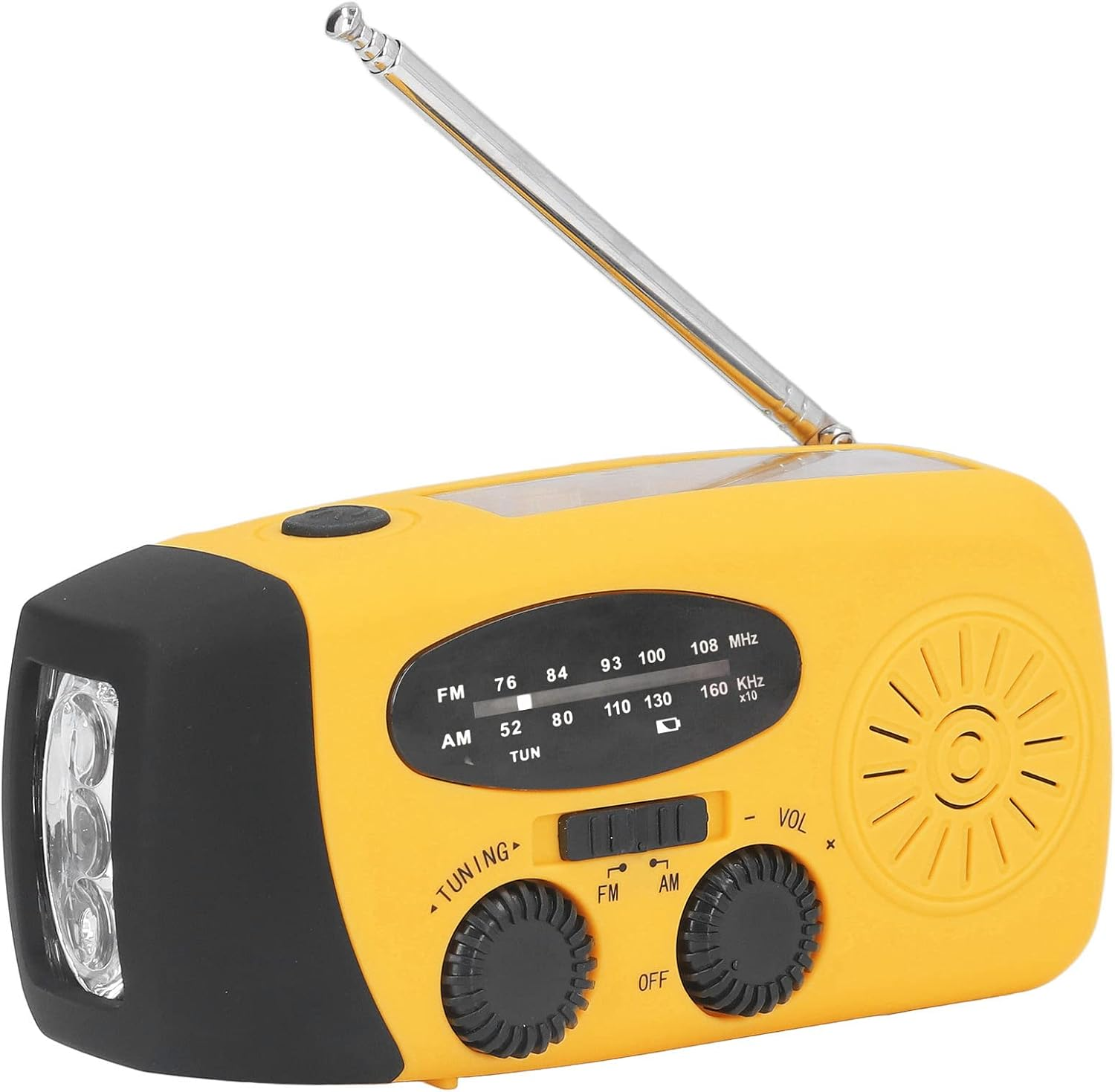Gelbes Notrufradio mit integrierter Taschenlampe, Teleskopantenne und analogen Frequenzreglern auf weißem Hintergrund.