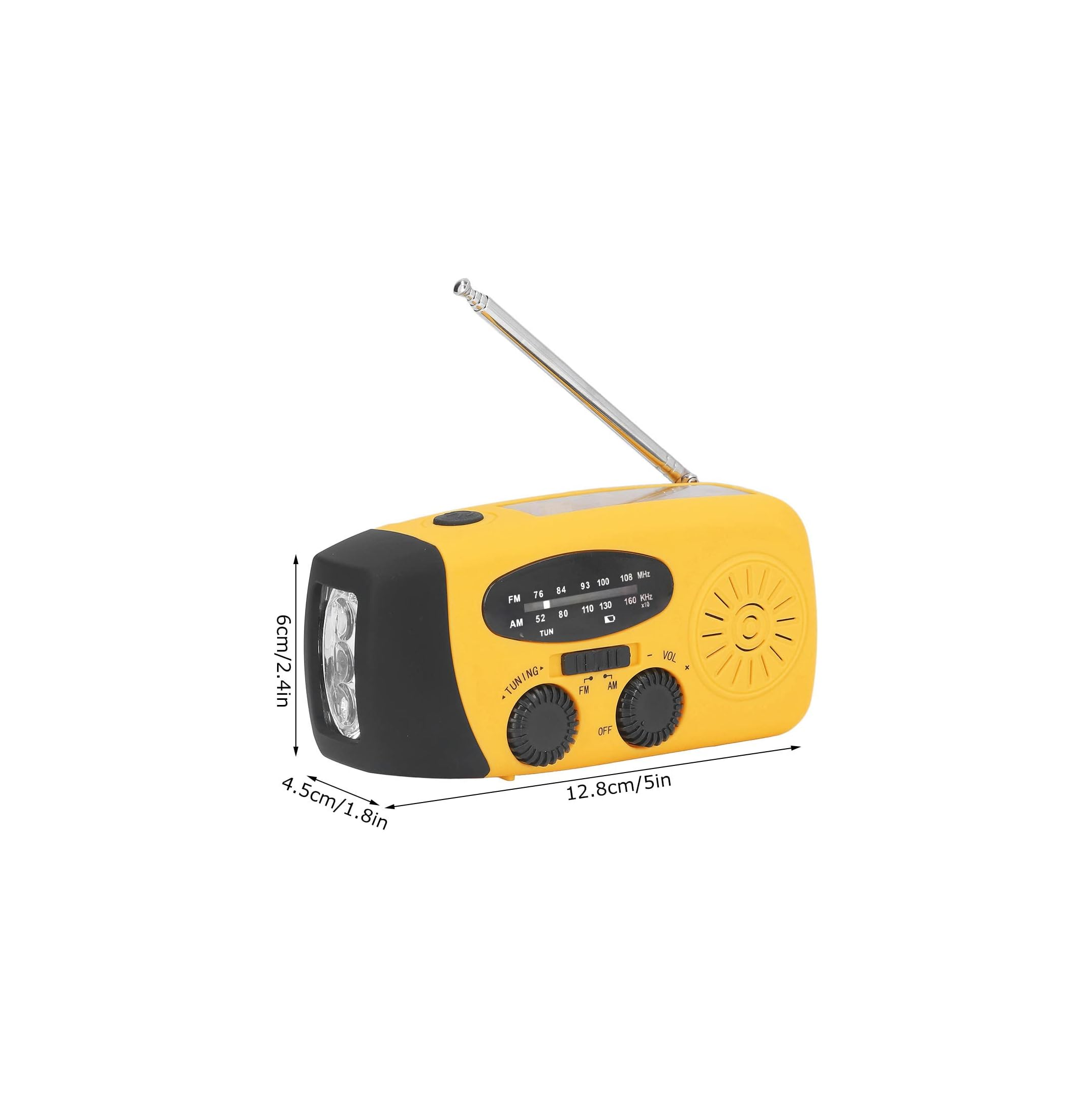 Ein gelb-schwarzes Notrufradio mit Taschenlampe, Antenne und den Maßen 12,8 cm mal 6 cm.