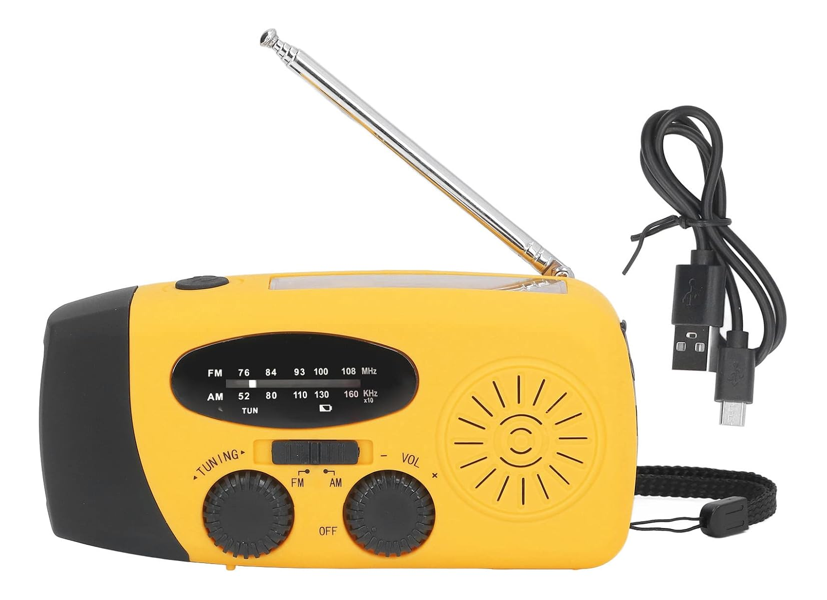 Gelbes Notrufradio mit Antenne, Lautsprecher und USB-Kabel.