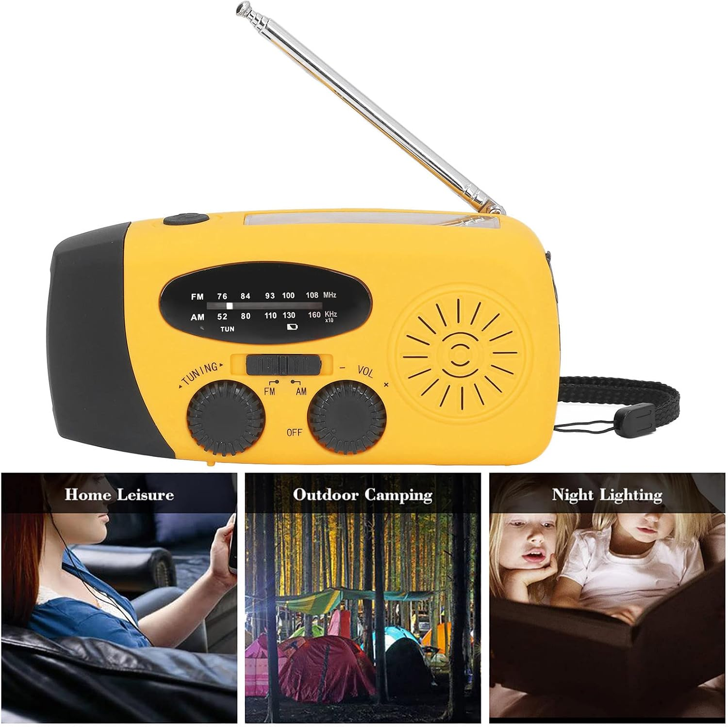 Gelbes Notrufradio mit Antenne, Lautsprecher, Knöpfen und drei Szenenbildern für Freizeit, Camping und Beleuchtung.
