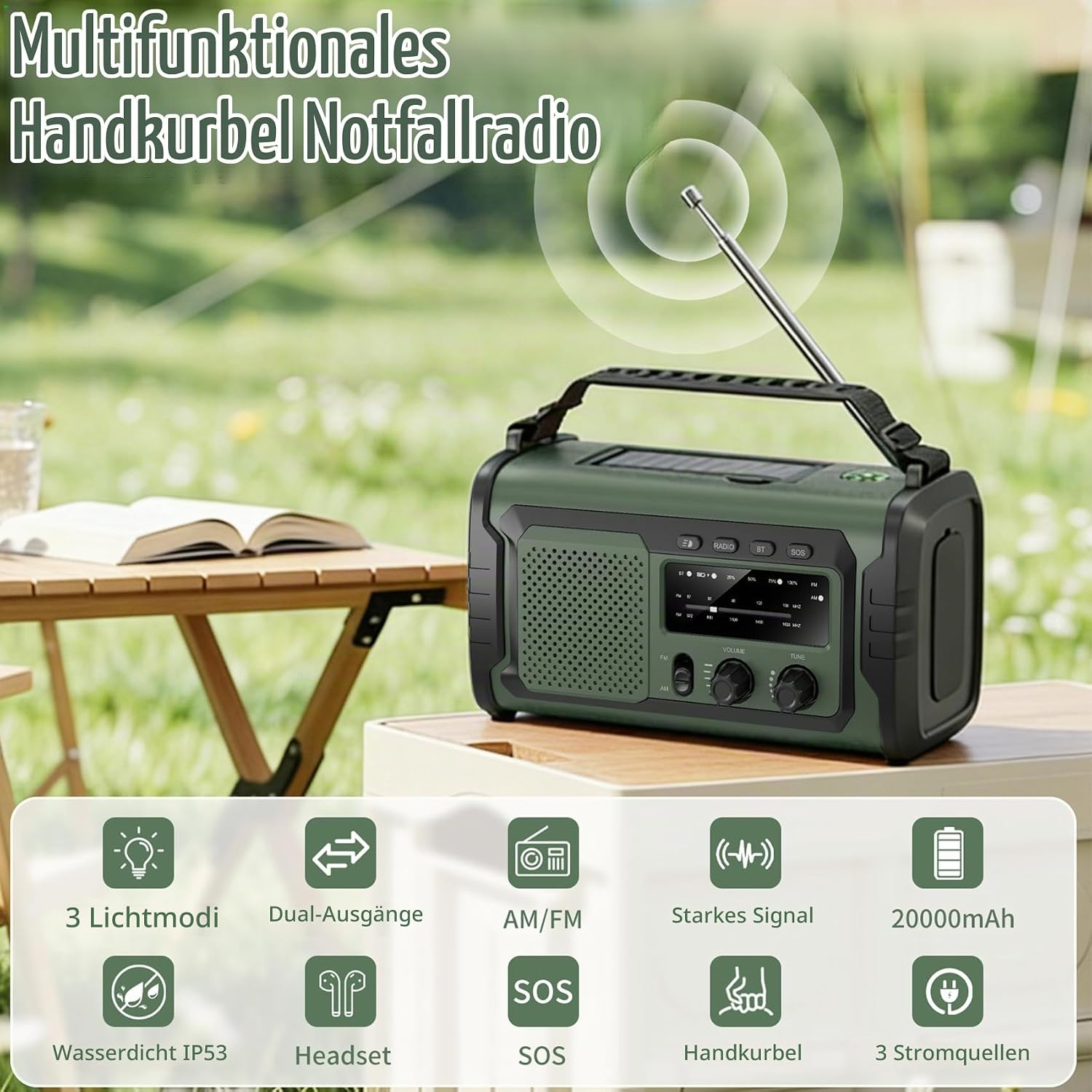 Grünes Handkurbel-Notfallradio auf einem Holztisch, mit Antenne und Symbolen für Funktionen im Vordergrund.