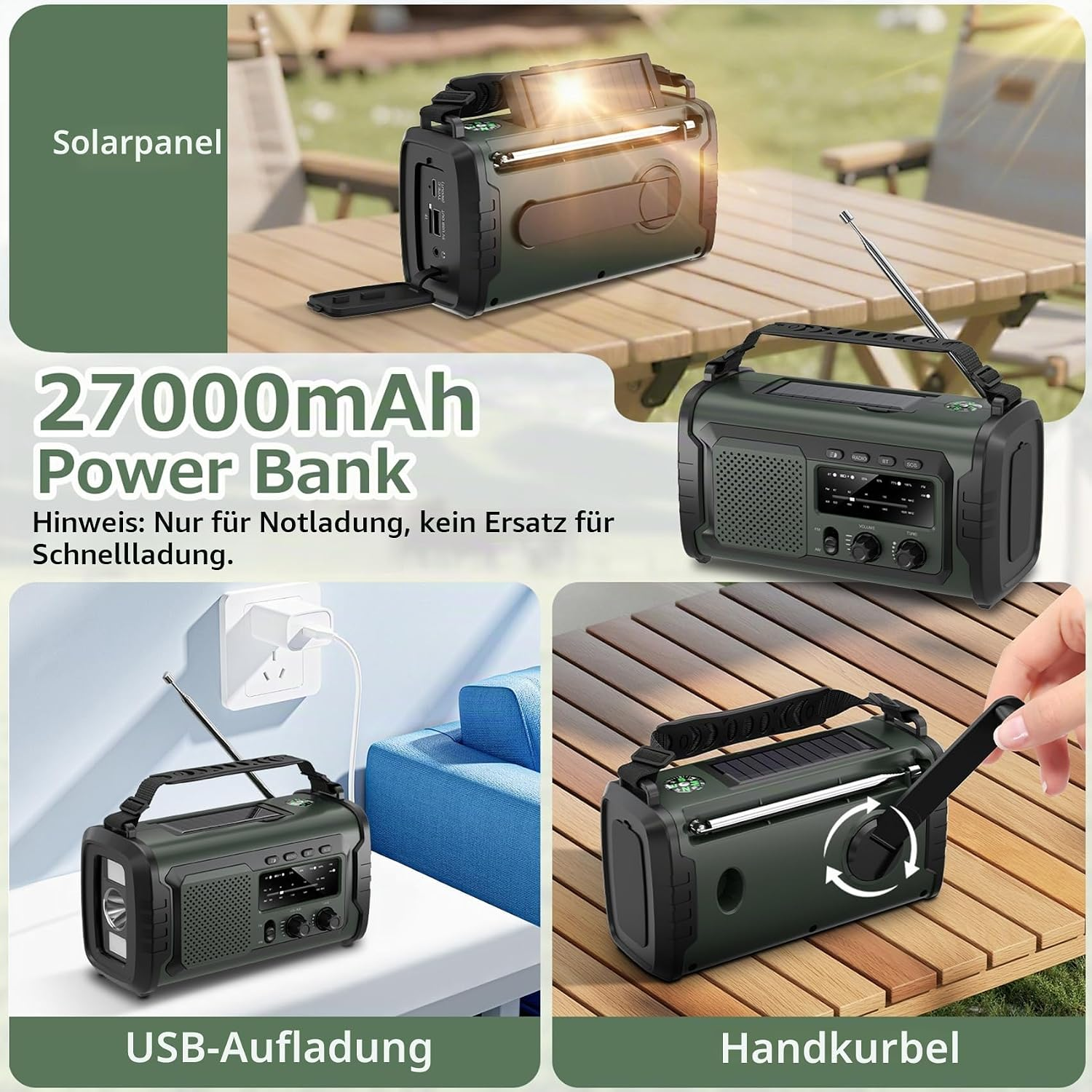 Grünes Notfall-Radio mit Solarpanel, Powerbank, USB-Aufladung und Handkurbel.