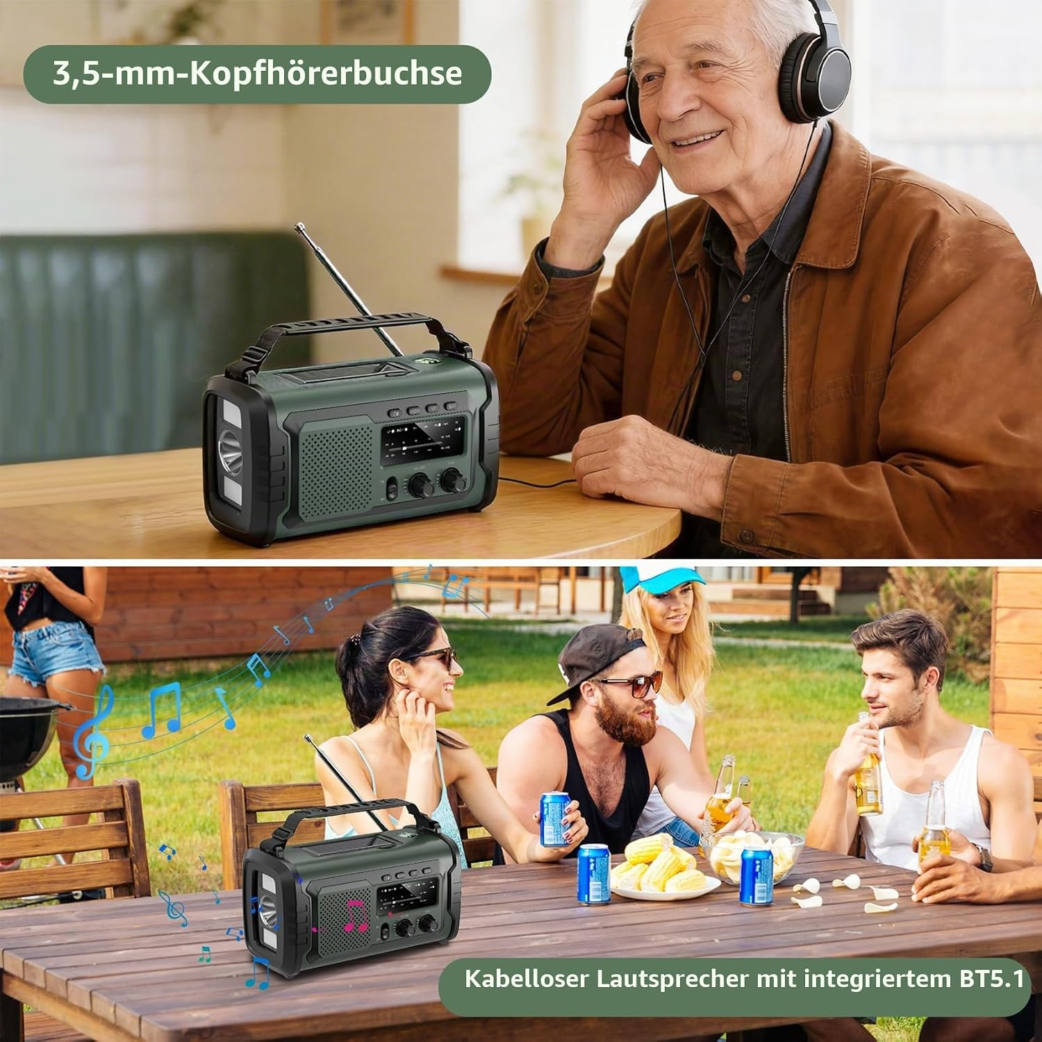 Ein älterer Mann hört Musik über Kopfhörer von einem grünen Radio. Unten sitzen Freunde draußen und feiern.