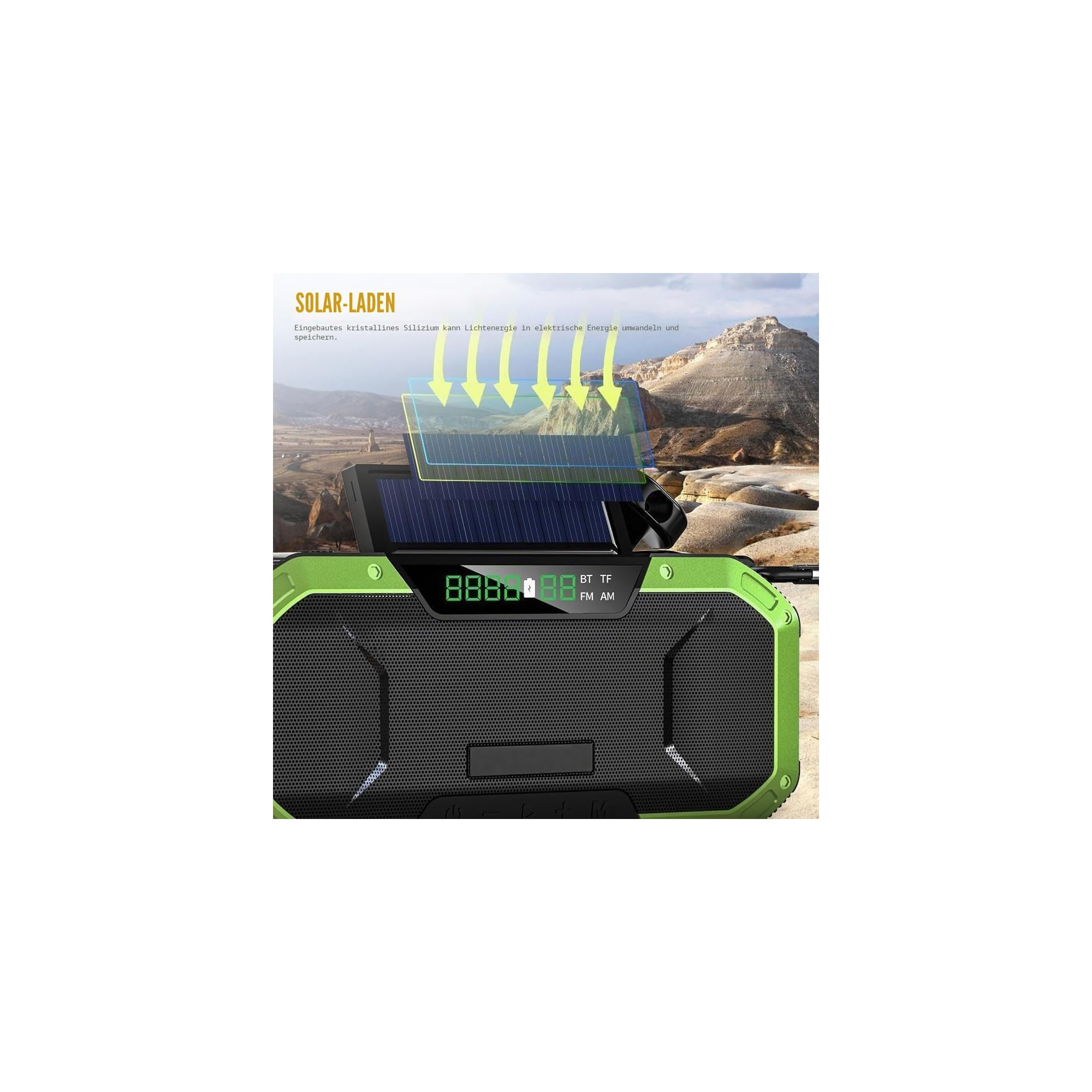 Grüner Solar-Bluetooth-Lautsprecher vor bergiger Landschaft mit Lade-Symbolen.