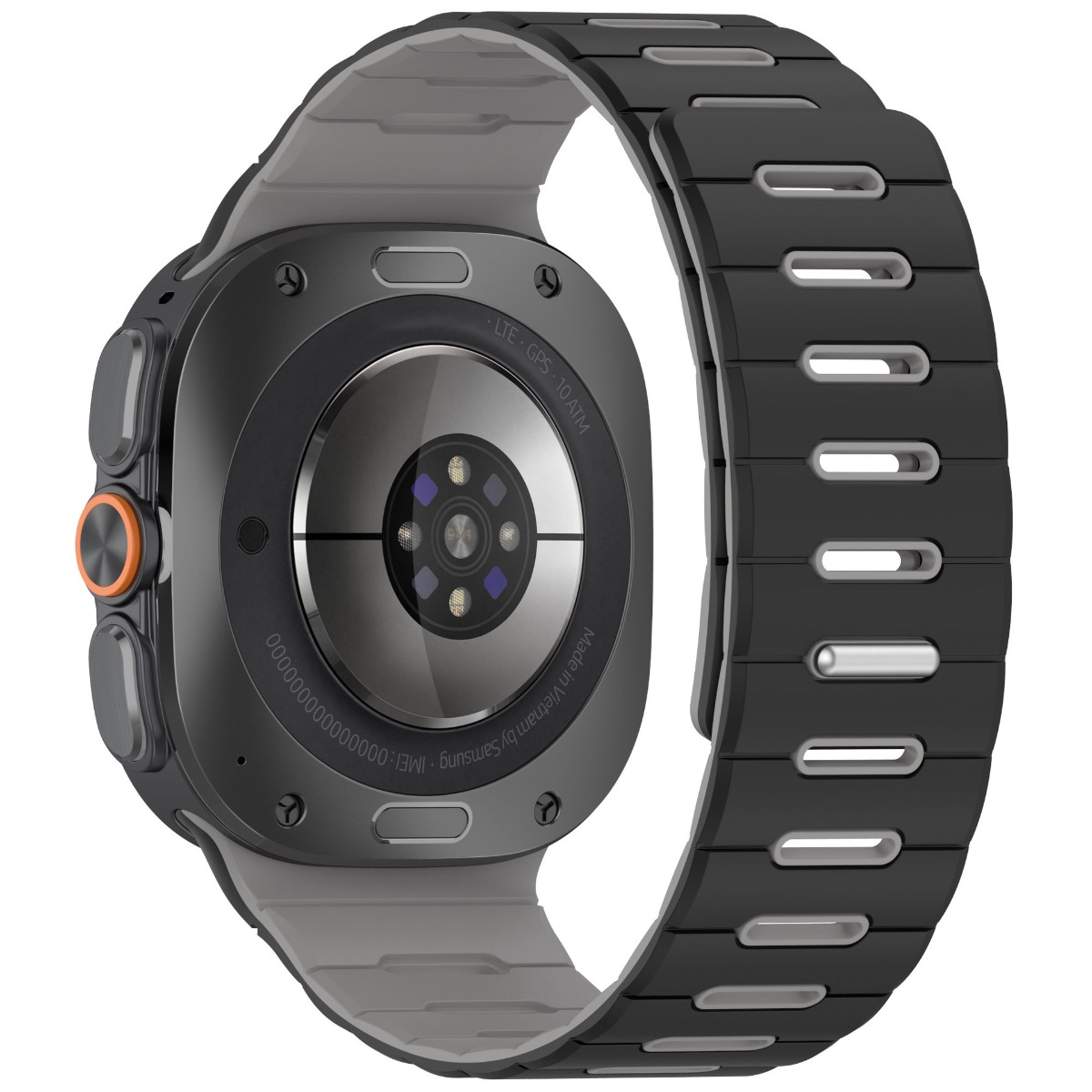 Rückseite einer dunkelgrauen Smartwatch mit Sensoren und schwarzem Silikonarmband vor weißem Hintergrund.