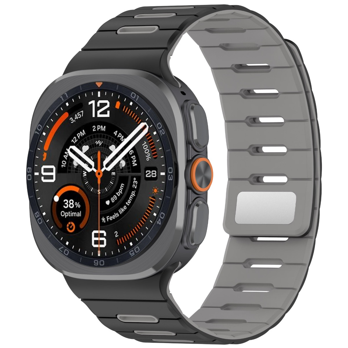 Eine elegante schwarze Smartwatch mit einem grauen, perforierten Armband und einem digitalen Zifferblatt.