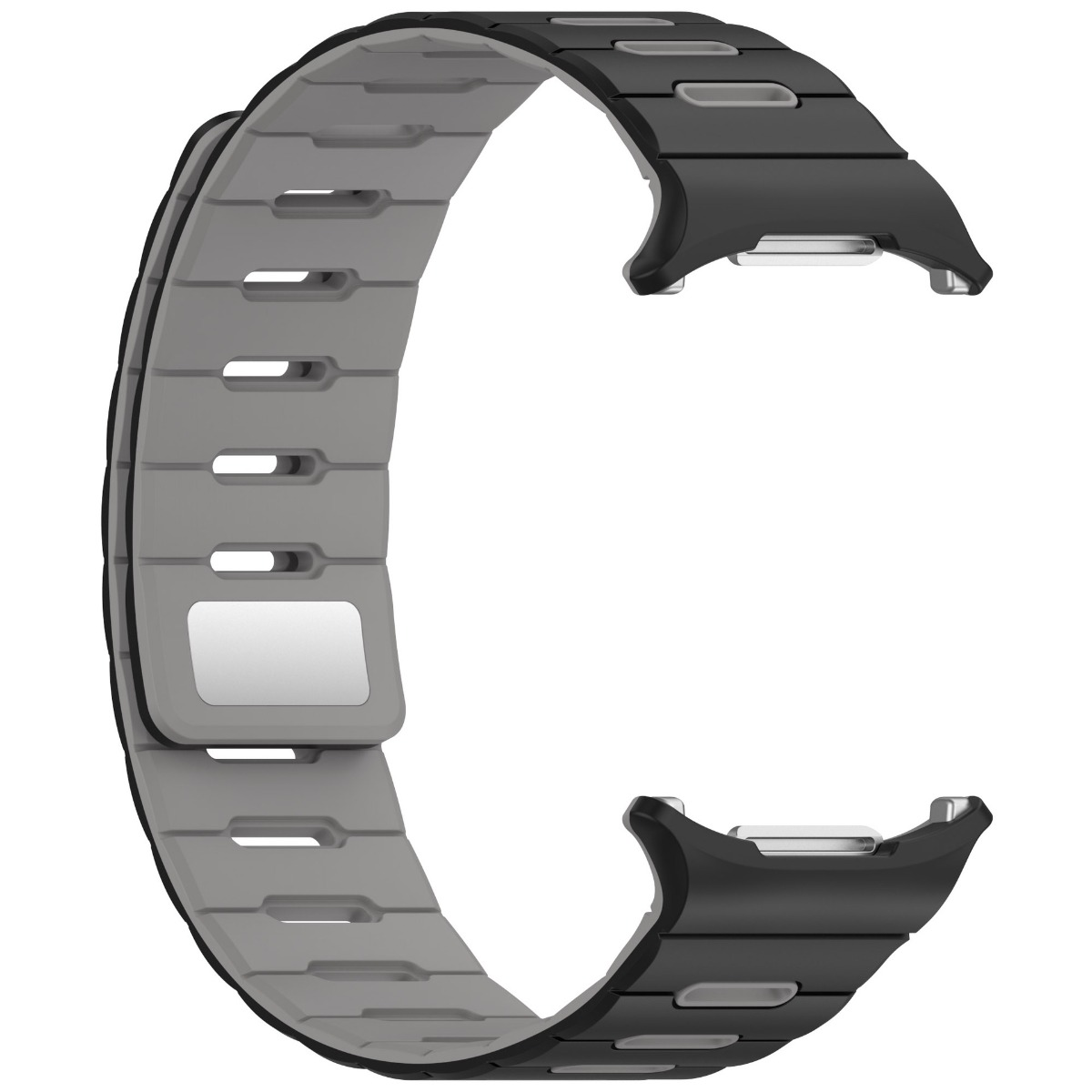 Ein schwarzes und graues Gliederarmband für eine Smartwatch mit Metallverschlüssen auf weißem Hintergrund.