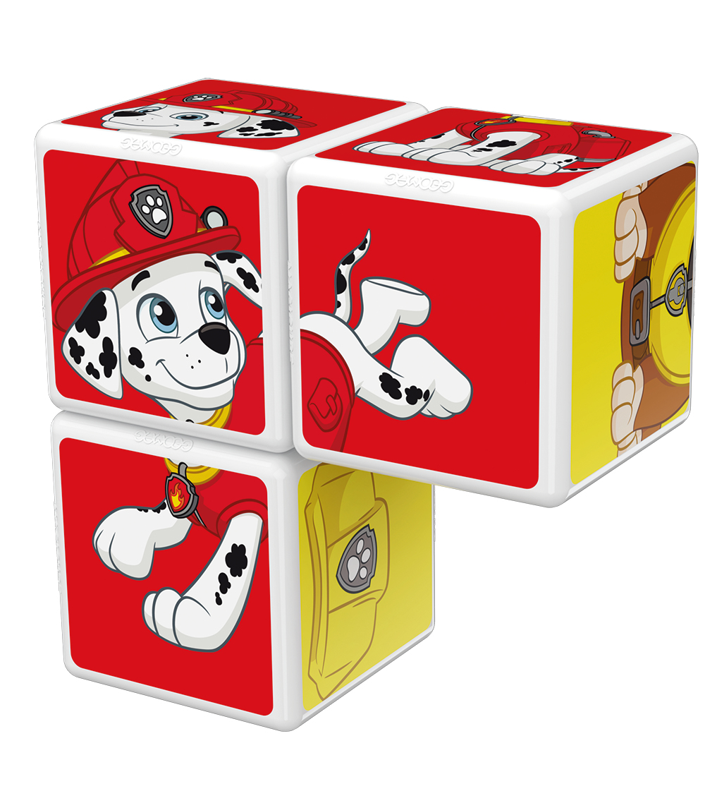 Tre cubi bianchi con lati rossi e gialli mostrano Marshall di Paw Patrol nei cartoni animati.
