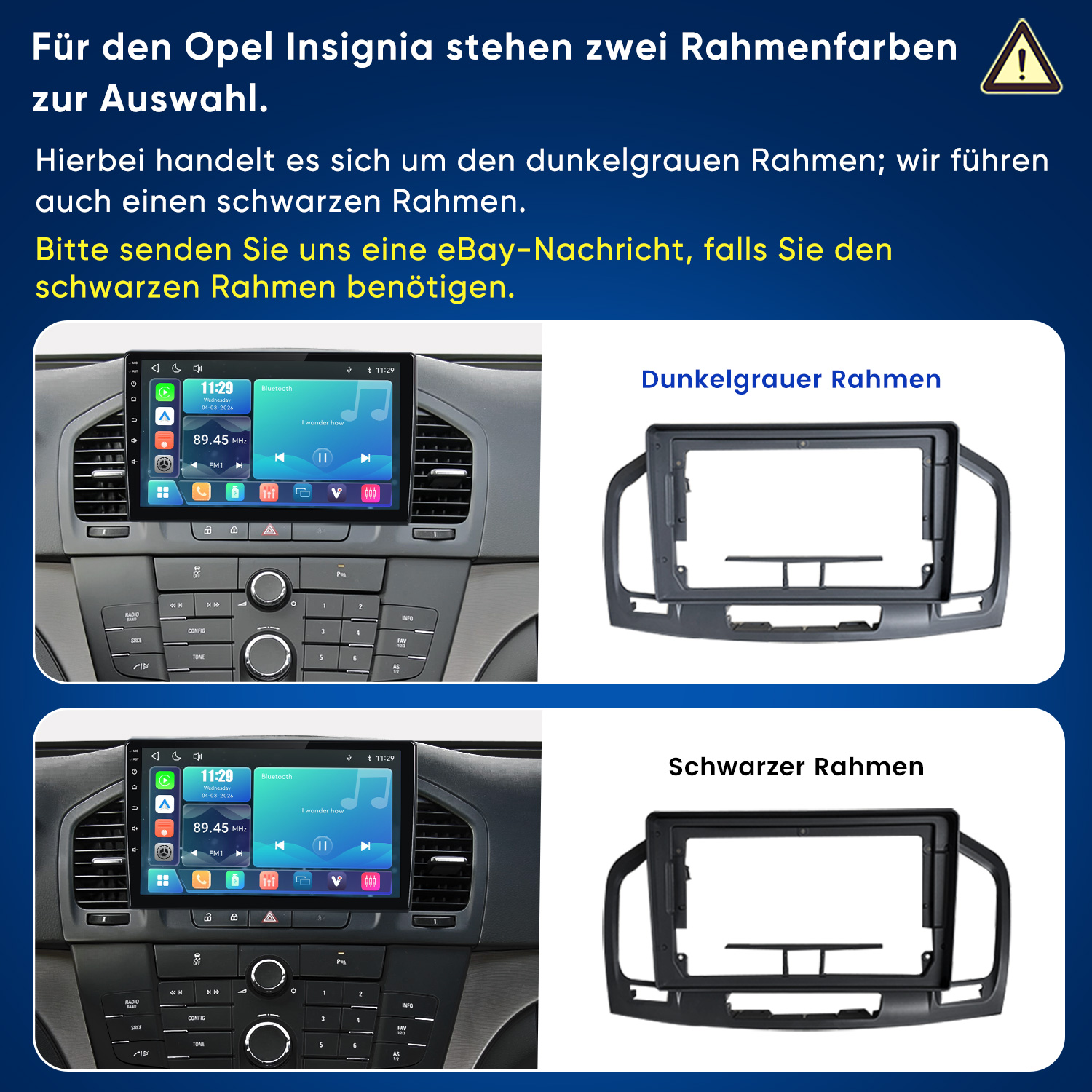 Opel Insignia Radioblenden in Dunkelgrau und Schwarz, gezeigt mit eingebauten Geräten und Einzelteilen.