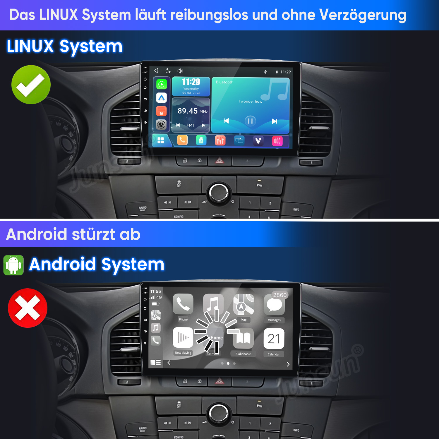 Vergleich zweier Auto-Displays: Linux-System zeigt reibungslosen Betrieb, Android-System zeigt Fehlermeldung.