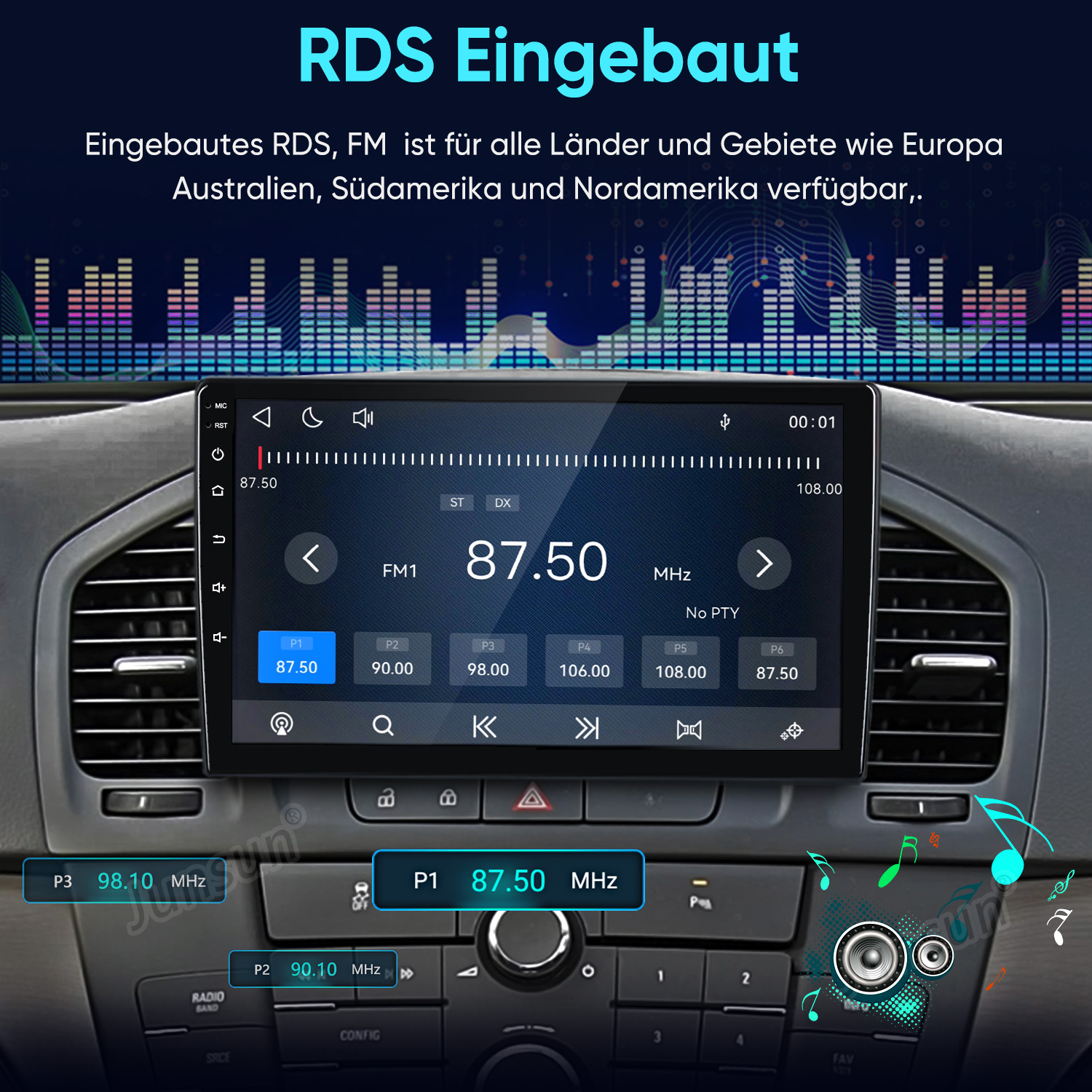 Autoradio mit RDS-Anzeige in einem Autoarmaturenbrett.