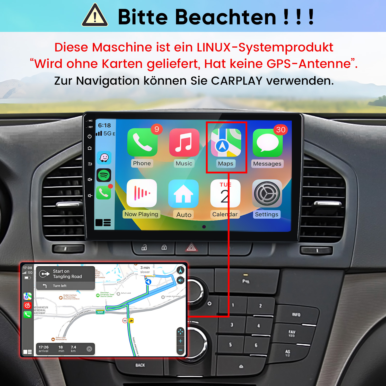 Linux-Autoradio in Armaturenbrett mit CarPlay-Hinweis und Karten-App-Overlay.