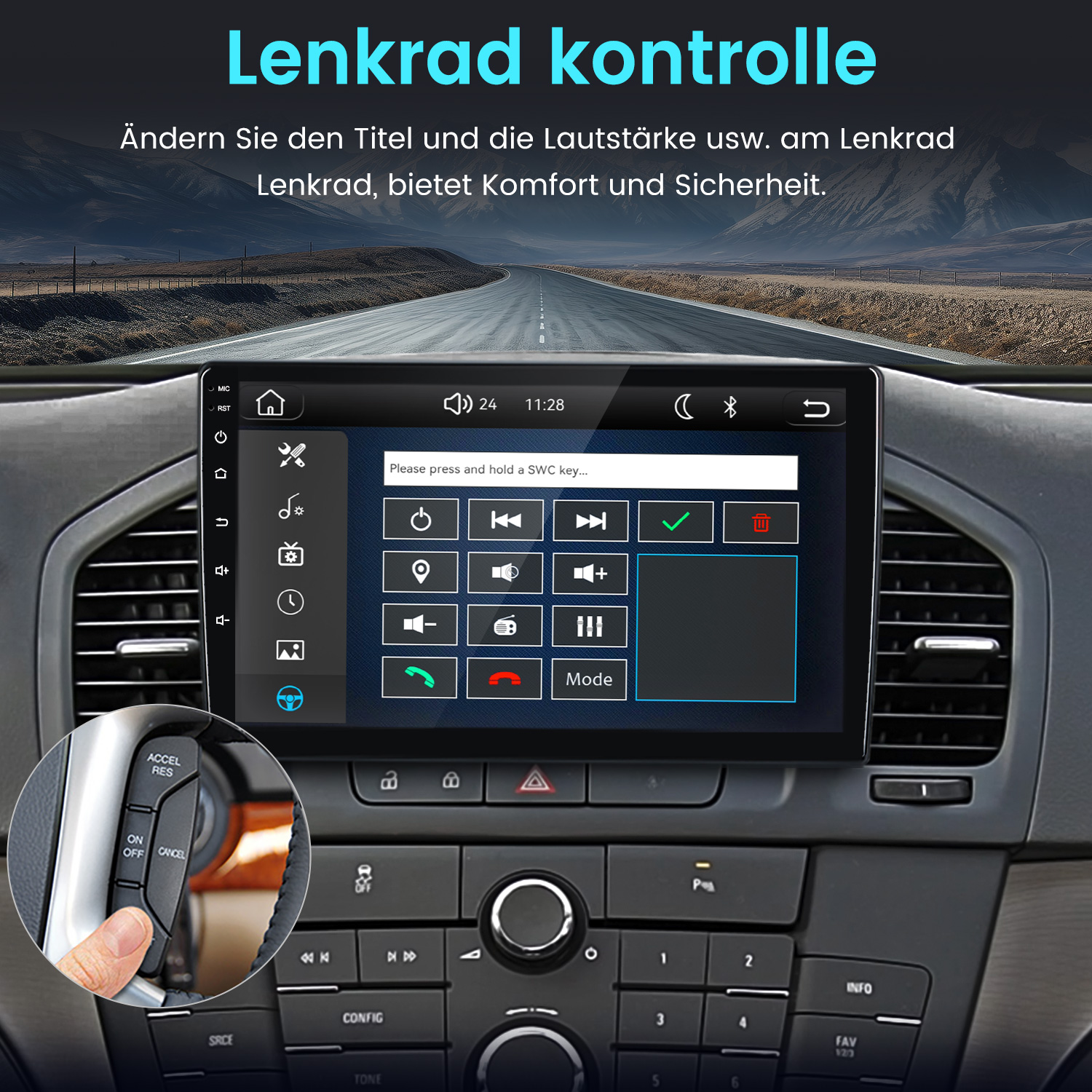 Autodisplay zeigt Lenkrad-Steuerungsmenü mit Bergen im Hintergrund.