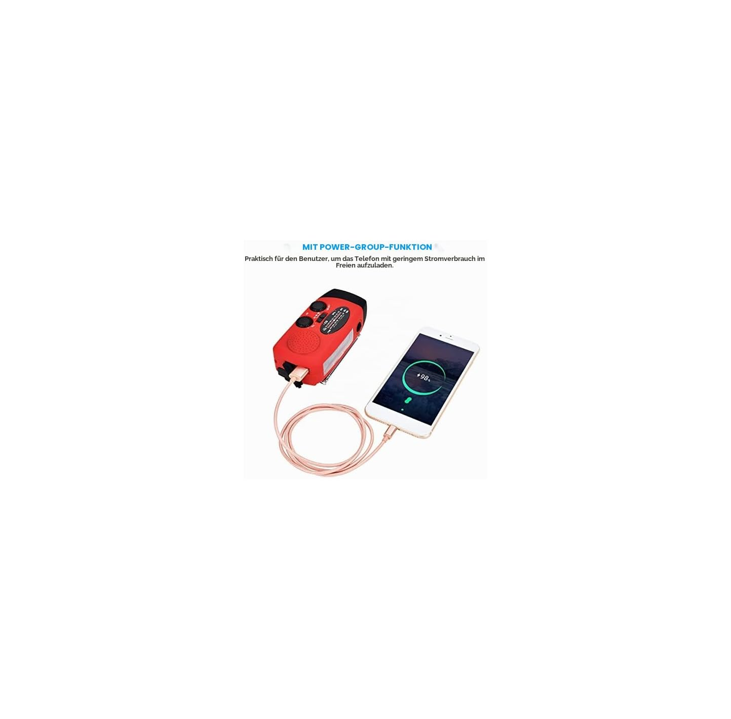 Ein rotes Notfallradio lädt ein Smartphone mit einem Kabel auf.