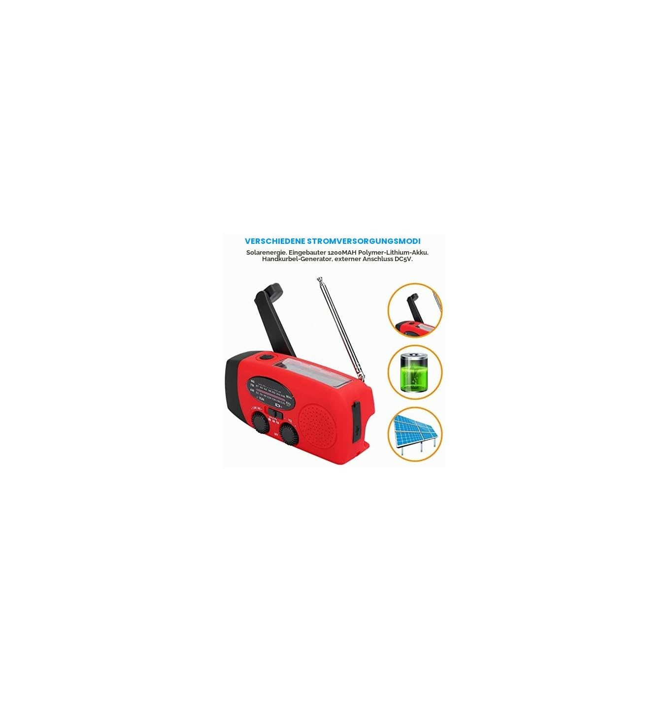 Rotes Notfallradio mit Kurbel, Solarpanel, Antenne und drei Ladeoptionen auf weißem Hintergrund.