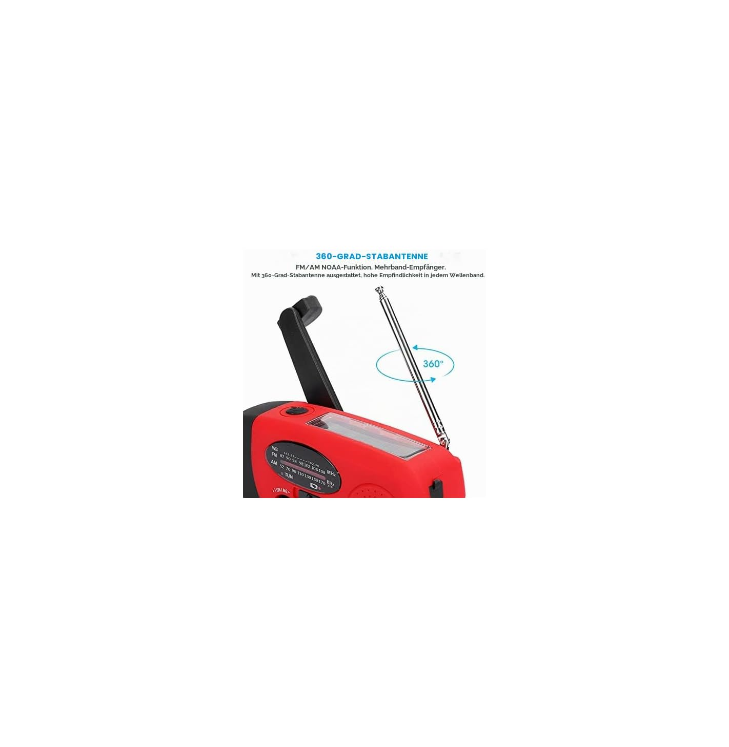 Rotes Handradio mit ausziehbarer 360-Grad-Antenne und Kurbel.