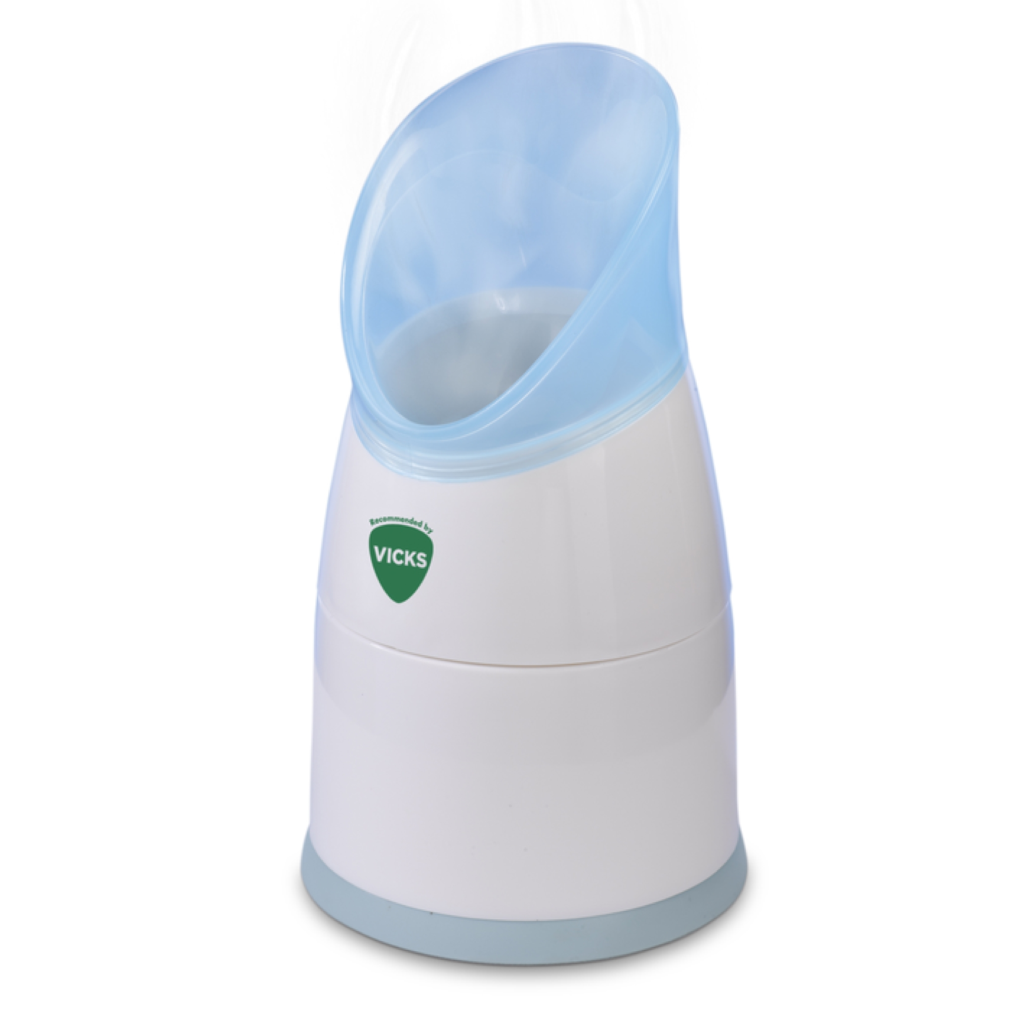 Biało-niebieski inhalator parowy Vicks z parą unoszącą się z góry na białym tle.