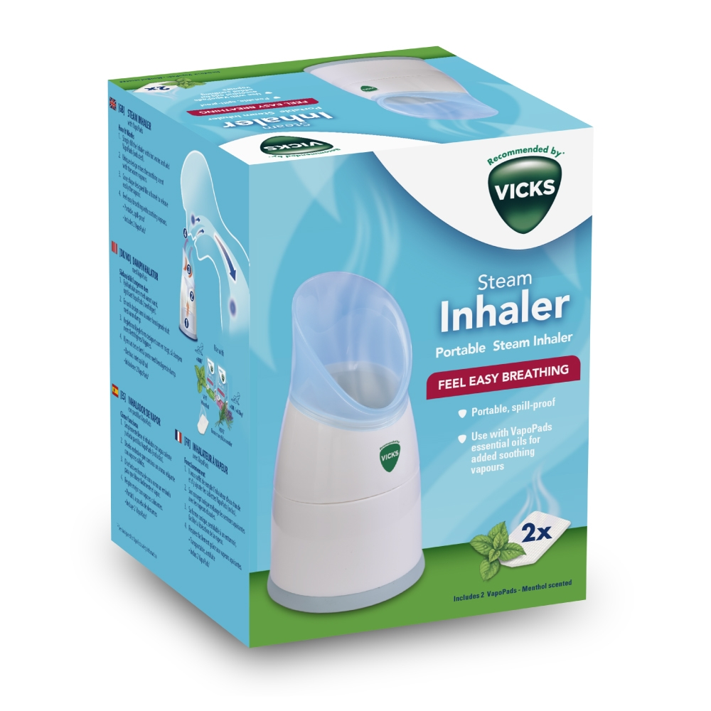 Opakowanie Vicks VapoInhaler z białym inhalatorem i niebieską parami.