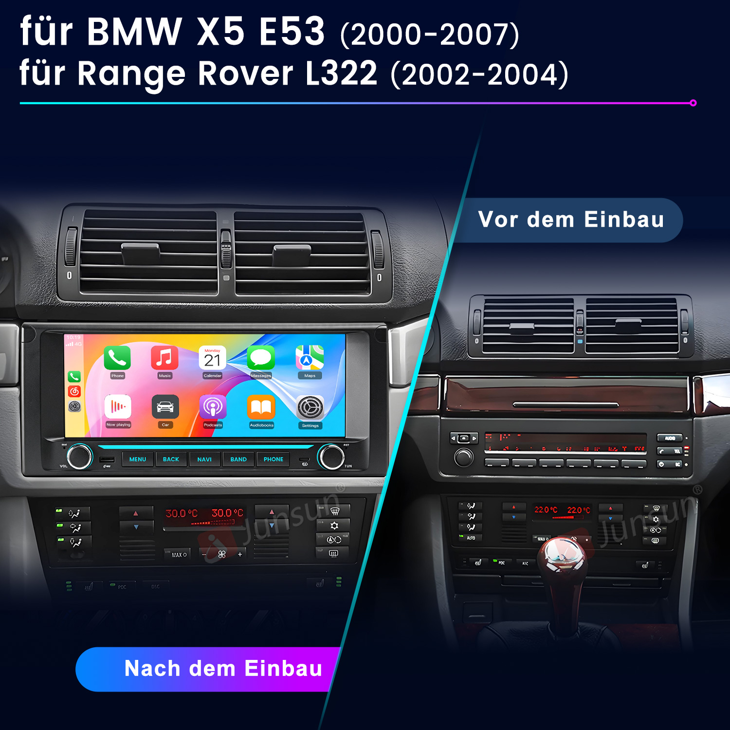 Vergleich von Auto-Armaturenbrettern vor und nach dem Einbau eines neuen Infotainmentsystems für BMW und Range Rover.