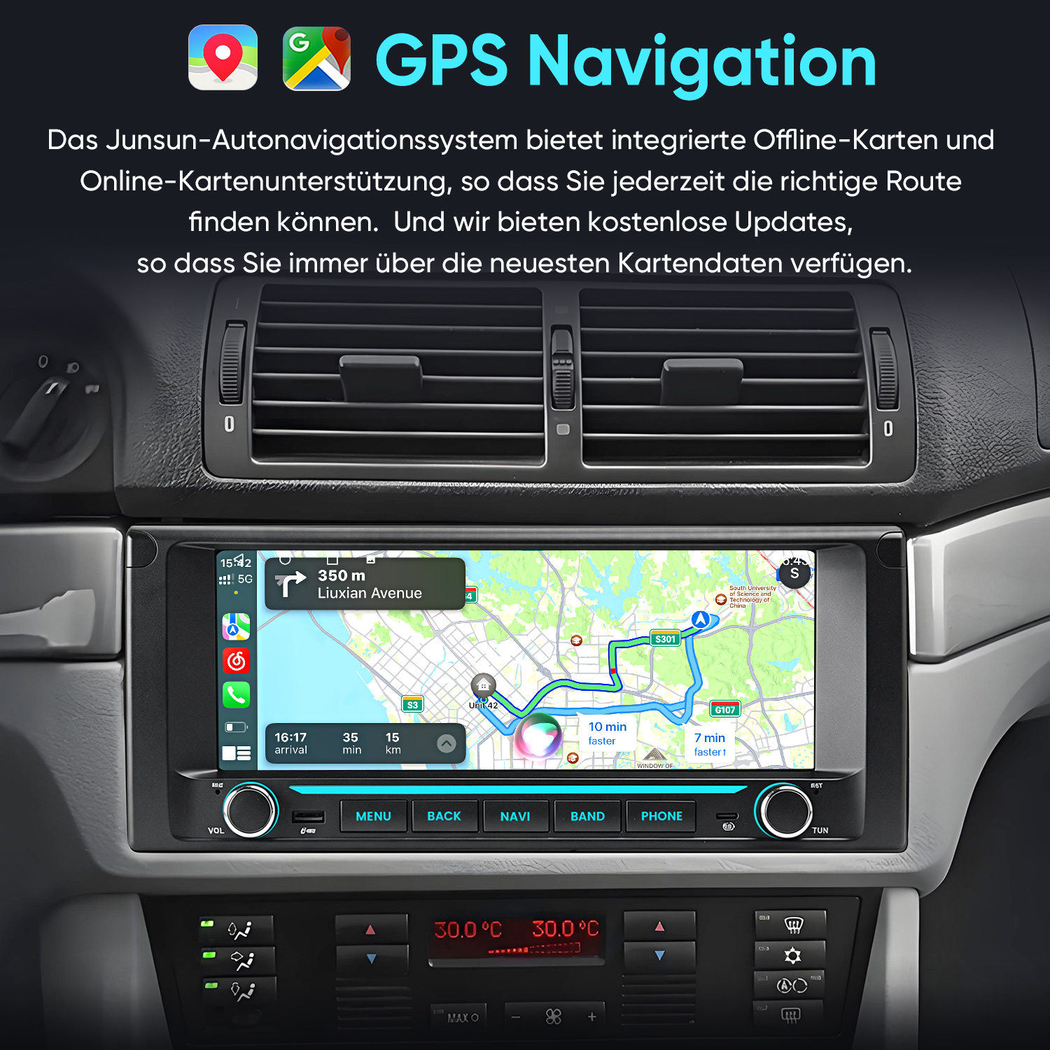 Ein Auto-GPS-Navigationssystem zeigt eine Routenkarte mit Straßennamen und Ankunftszeit.