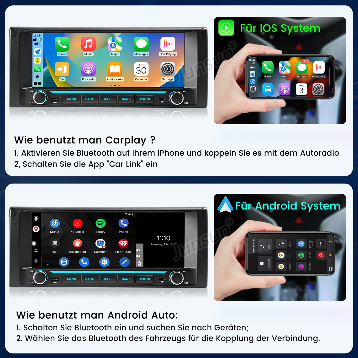 Anleitung zur Verwendung von CarPlay und Android Auto auf einem Autoradio mit Smartphone-Verbindung.