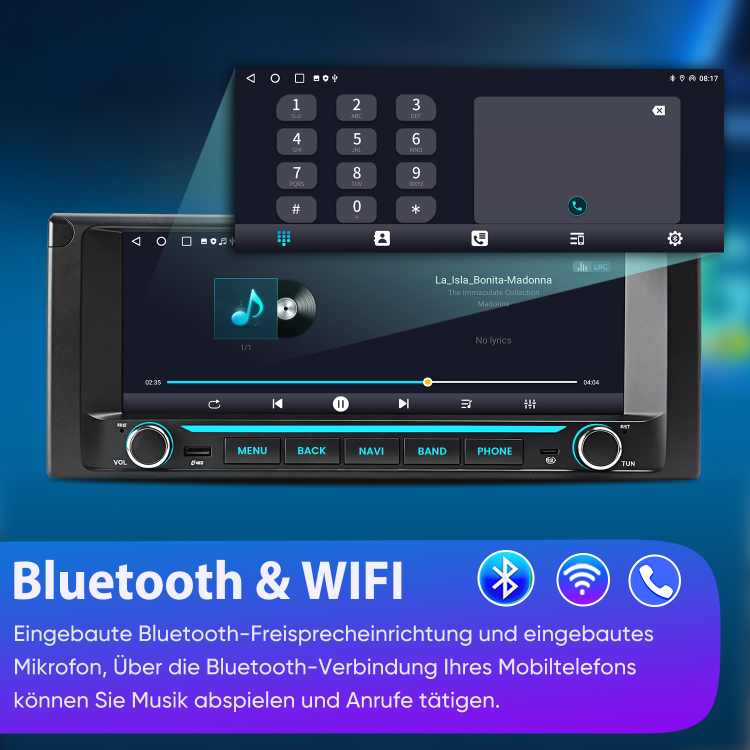 Autoradio mit Touchscreen, Musikwiedergabe und Telefonwahlblock.