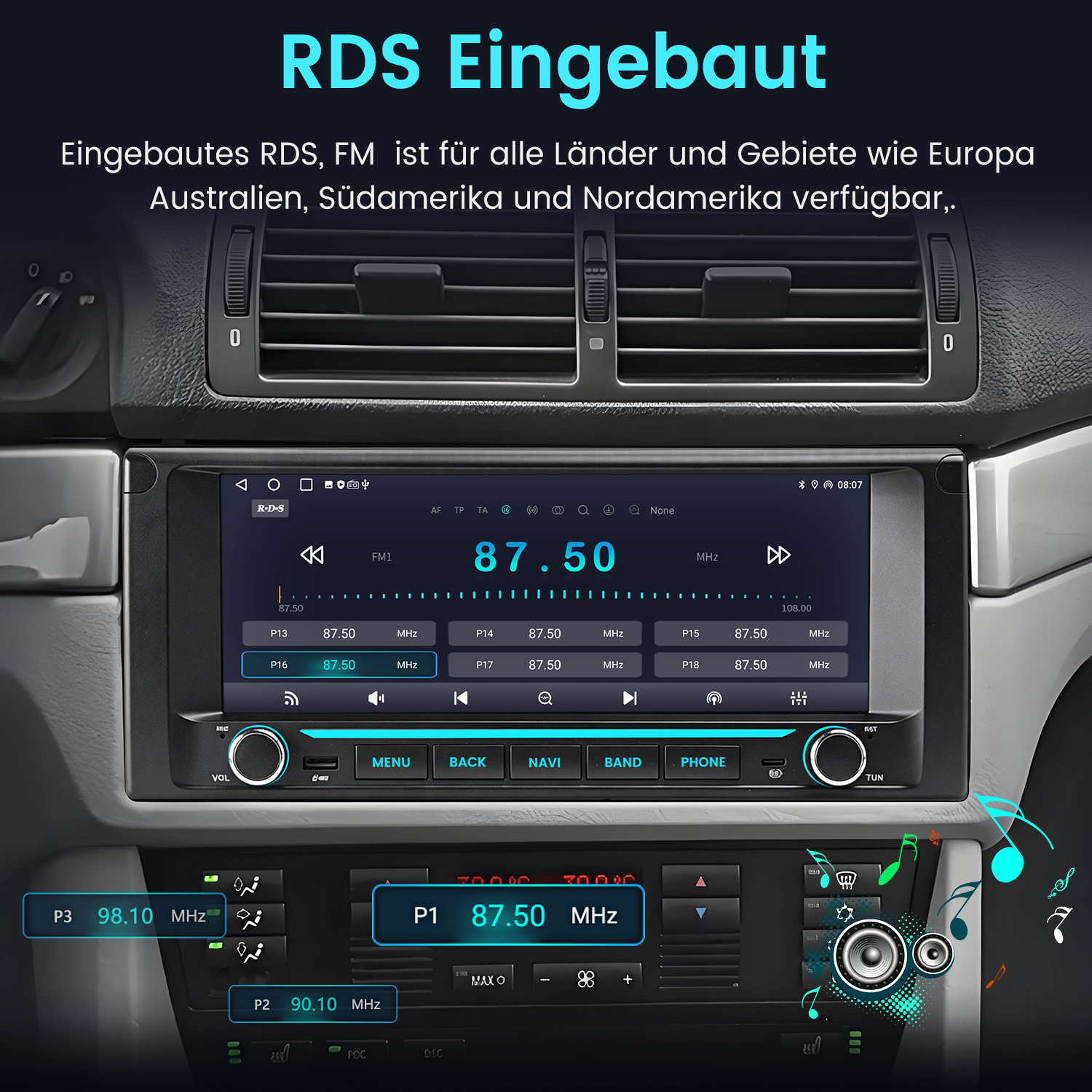 Autoradio mit Touchscreen in der Armaturentafel, das FM-Radio anzeigt.
