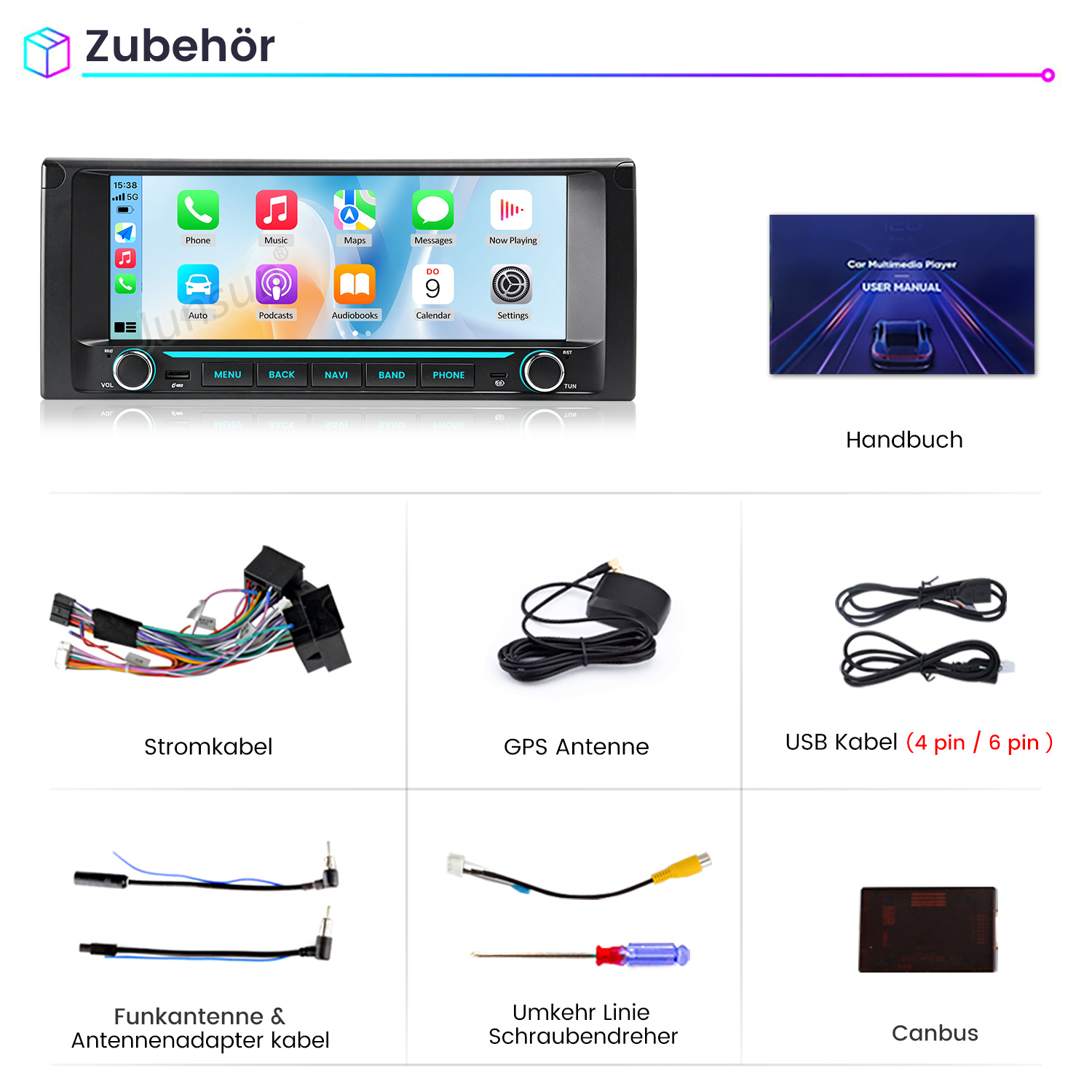 Autoradio mit Zubehör wie Kabel, GPS-Antenne und Handbuch.