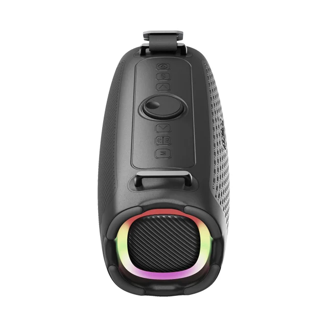 Czarny przenośny głośnik Bluetooth z przyciskami sterującymi na górze i kolorowym pierścieniem świetlnym RGB.