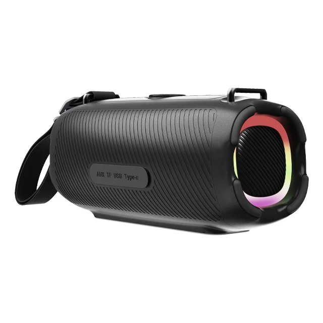 Cylindryczny czarny głośnik Bluetooth z kolorowym oświetleniem pierścieniowym RGB i dołączonym paskiem.