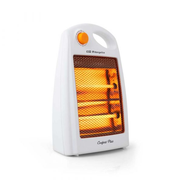 Un calefactor eléctrico blanco con tubos brillantes naranjas y una rueda de control sobre fondo blanco.
