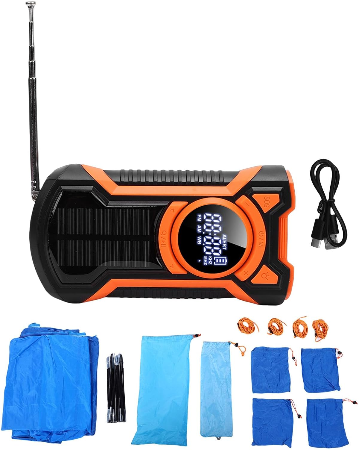 Oranger und schwarzer Notfallradio mit Solarpanel, Antenne, USB-Kabel und blauer Campingzeltausrüstung.