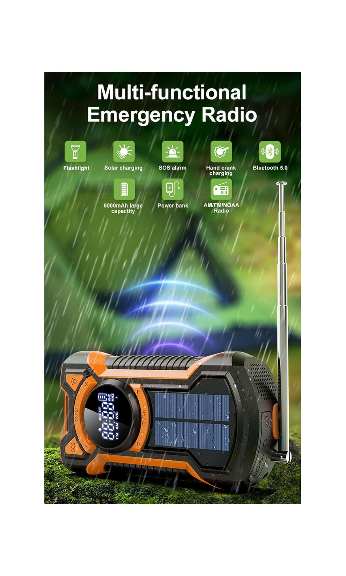 Ein orange-schwarzes multifunktionales Notfallradio mit Solarpanel, digitalem Bildschirm und Antenne im Regen.