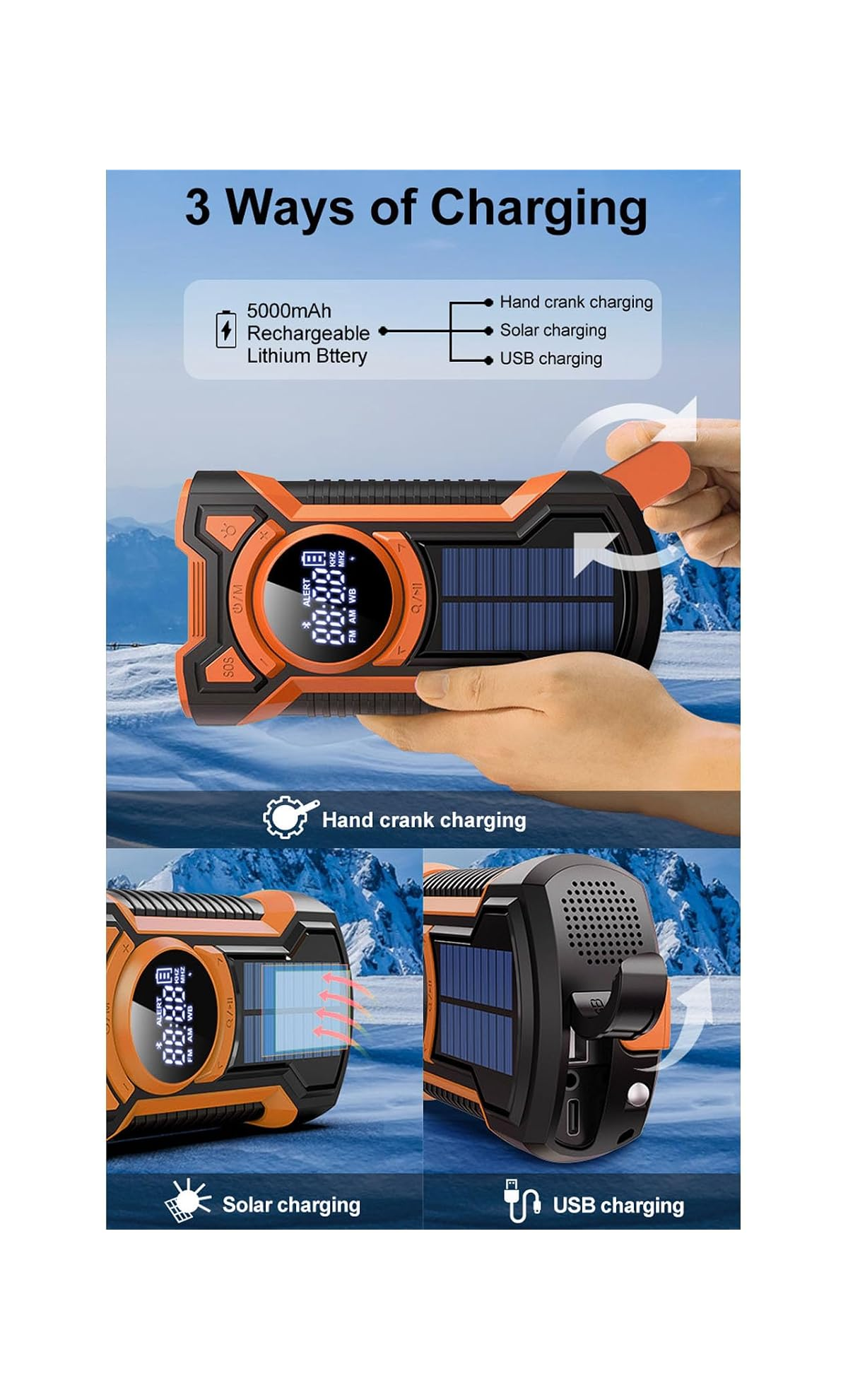 Ein orange-schwarzes Notrufradio mit Handkurbel, Solar- und USB-Lademöglichkeit vor verschneitem Hintergrund.