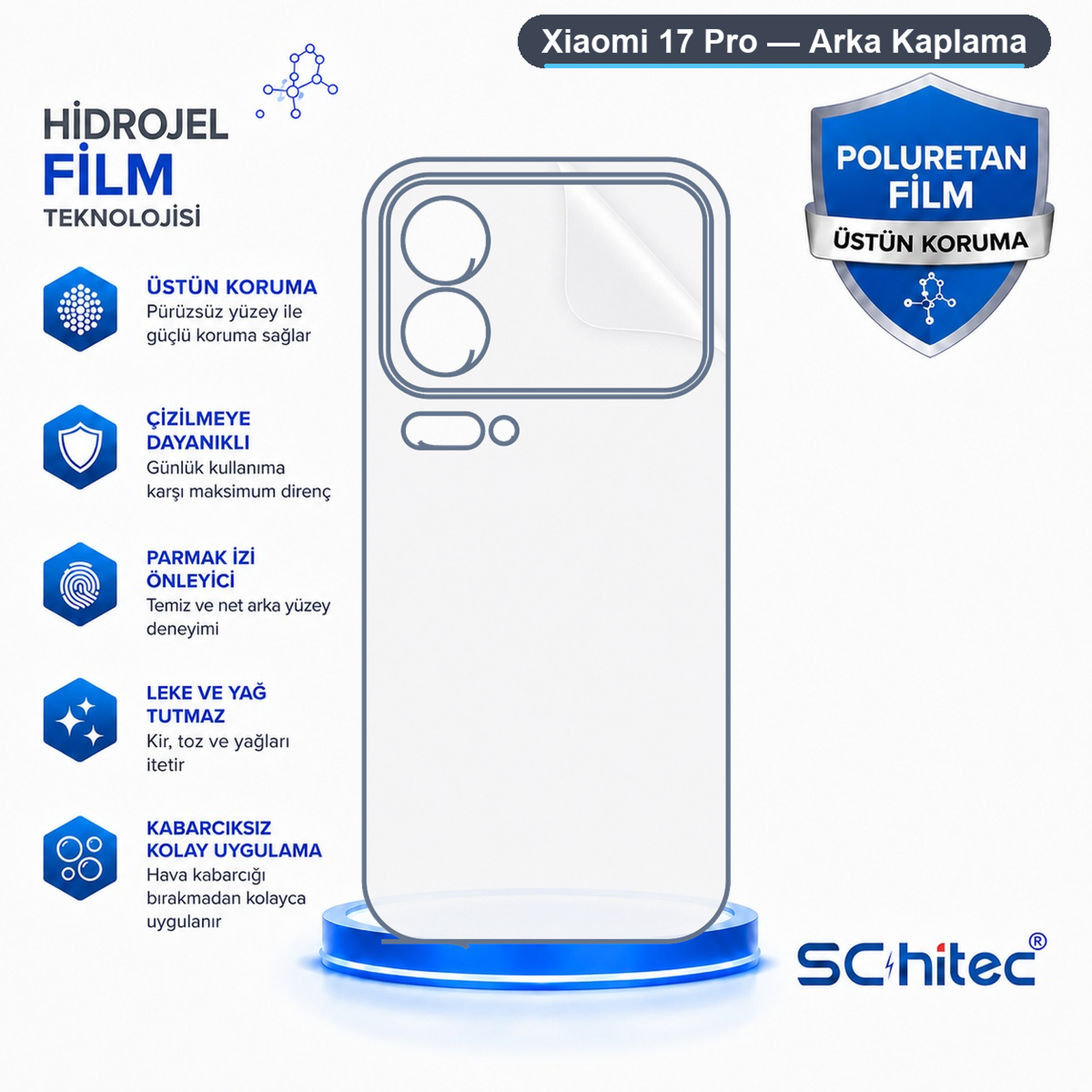 Xiaomi 17 Pro arka kaplama hidrojel film özelliklerini gösteren simgeli ve yazılı afiş.