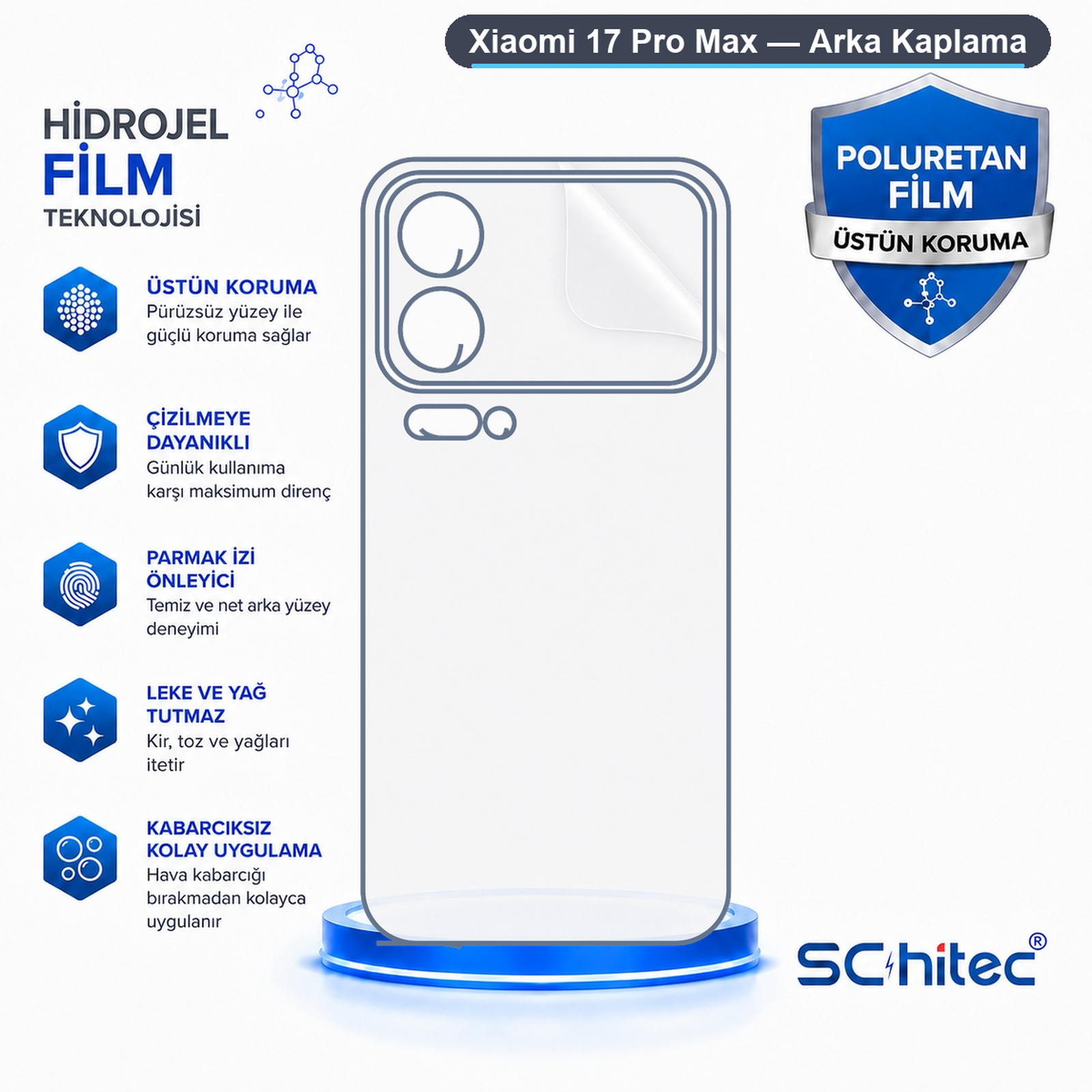 Hidrojel teknolojisi ve koruyucu özellikleri olan Xiaomi 17 Pro Max arka kaplama.