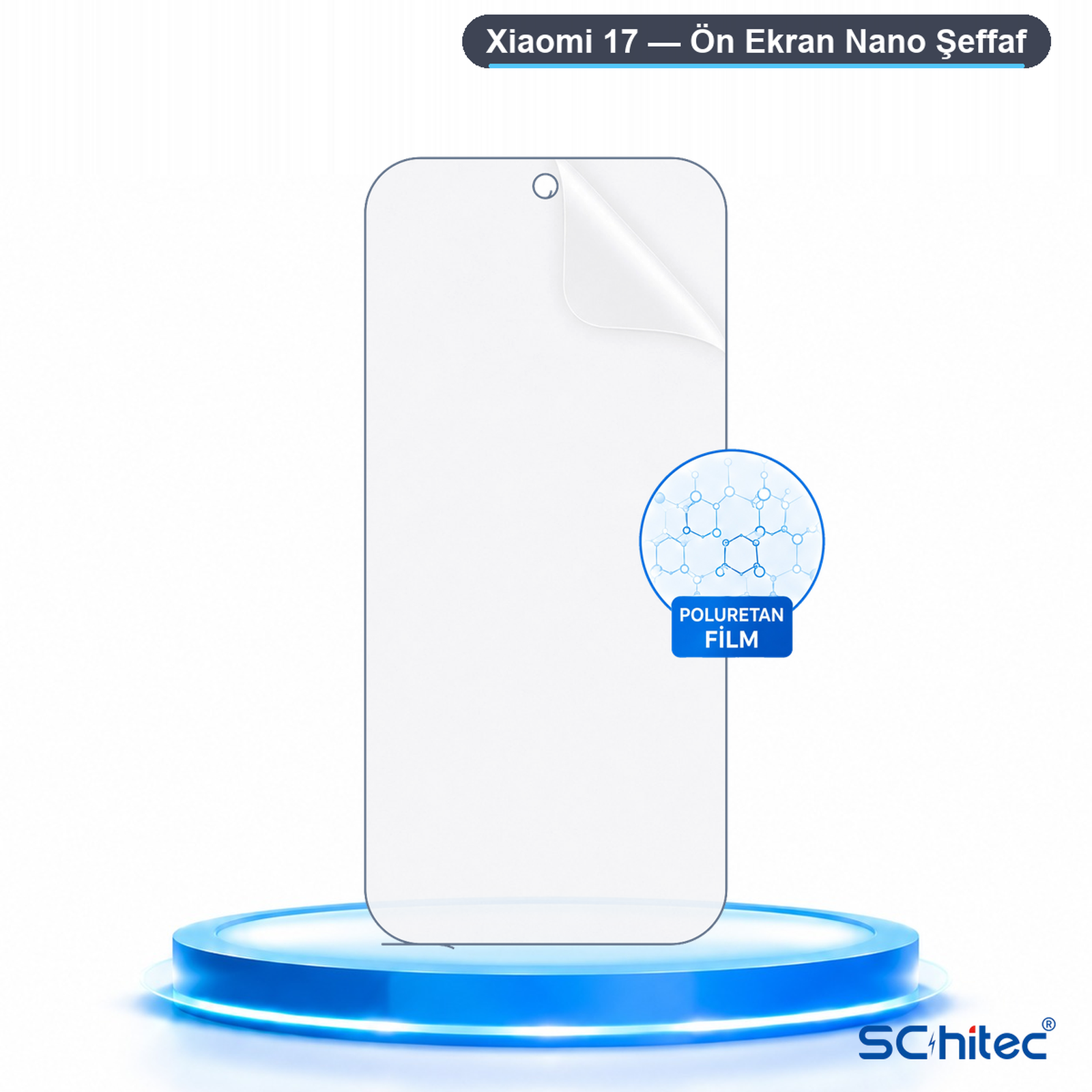 Mavi kaide üzerinde moleküler grafikli şeffaf Xiaomi 17 nano ekran koruyucu.