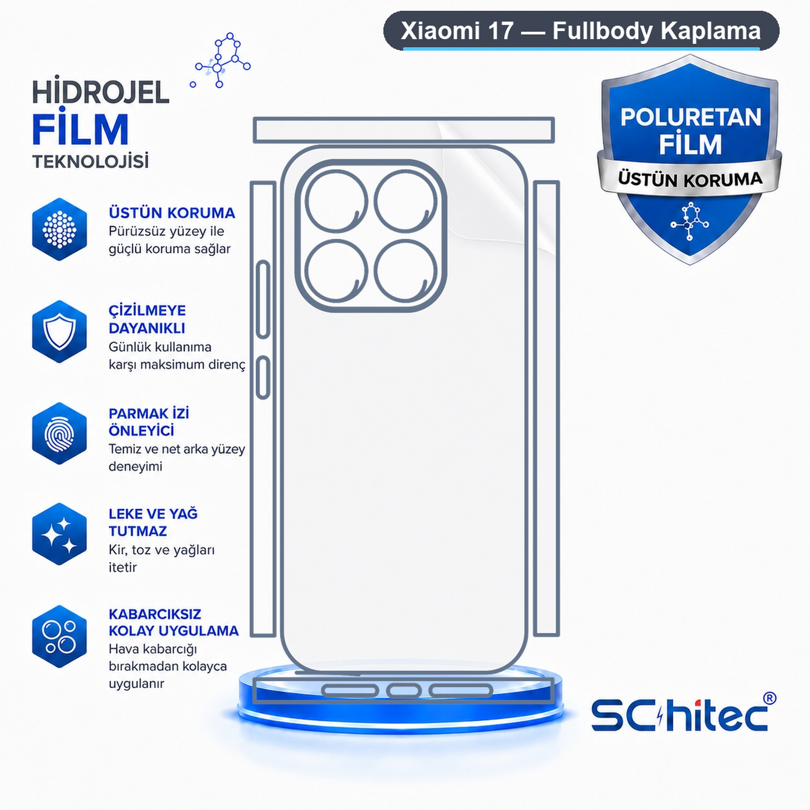 Xiaomi 17 koruyucu film özelliklerini gösteren şema.