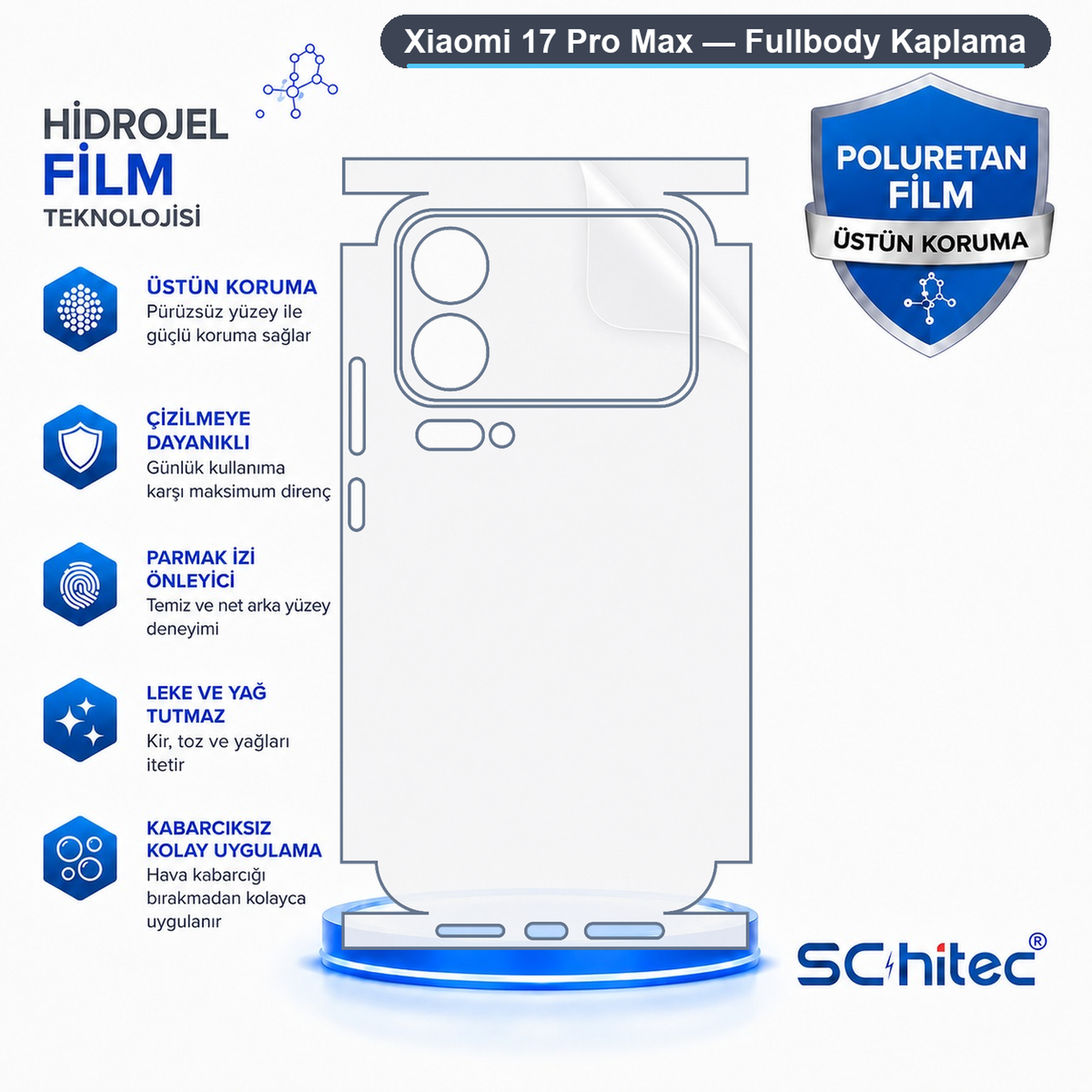 Xiaomi 17 Pro Max için hidrojel ve poliüretan teknolojili koruyucu film özelliklerini gösteren şema.