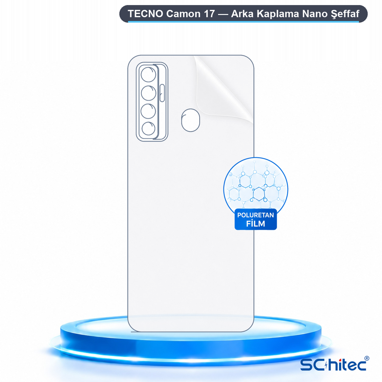 Parıltılı mavi podyum üzerinde Tecno Camon 17 için şeffaf arka kaplama filmi.