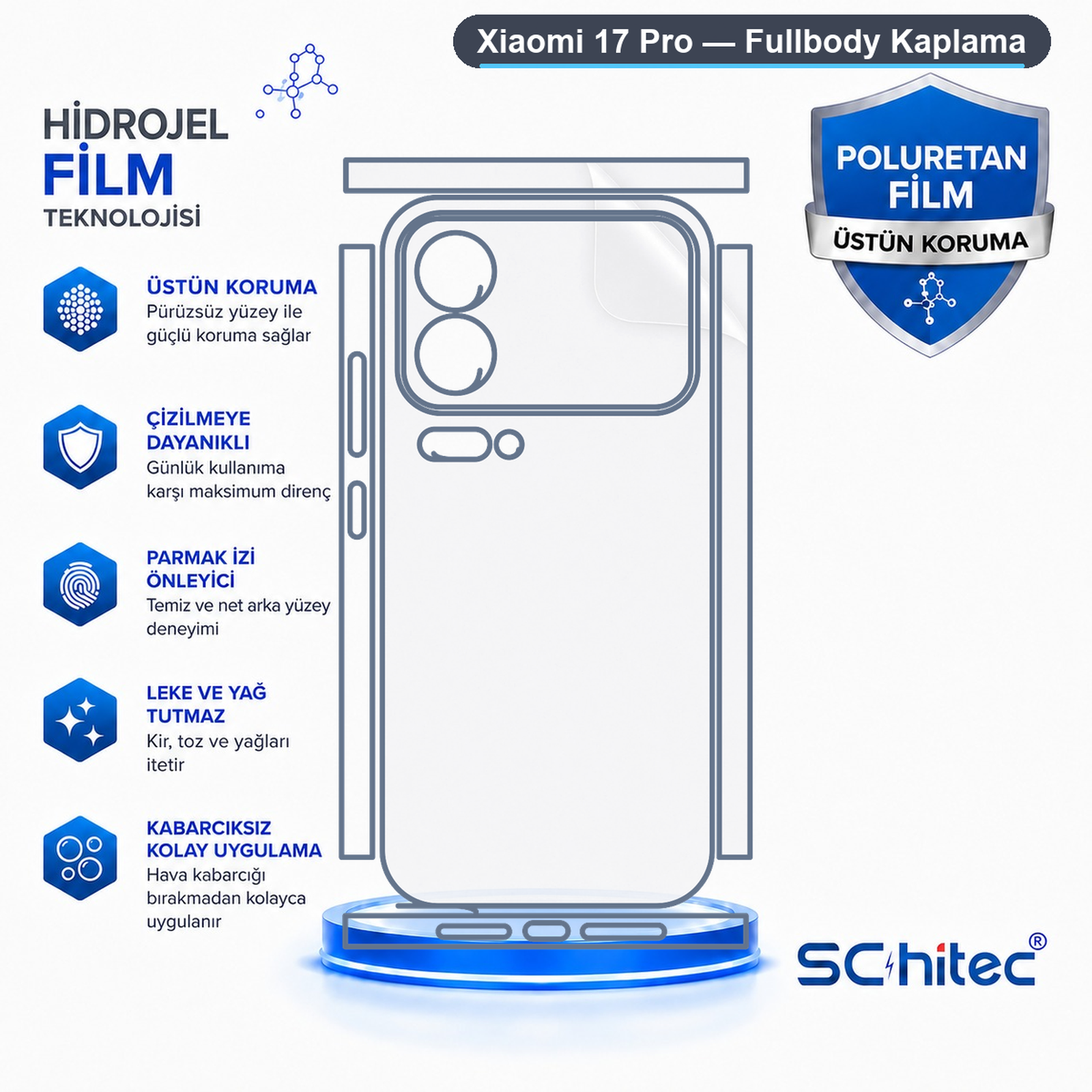 Türkçe metin içeren Xiaomi 17 Pro koruyucu film şeması.