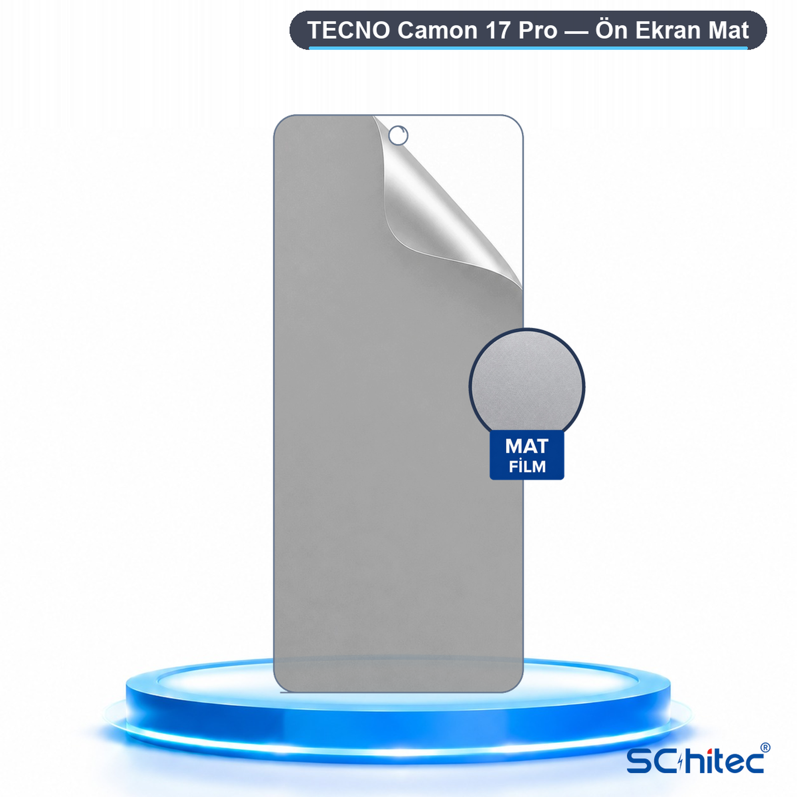 Tecno Camon 17 Pro için mat ekran koruyucu, parlayan mavi bir podyum üzerinde duruyor.