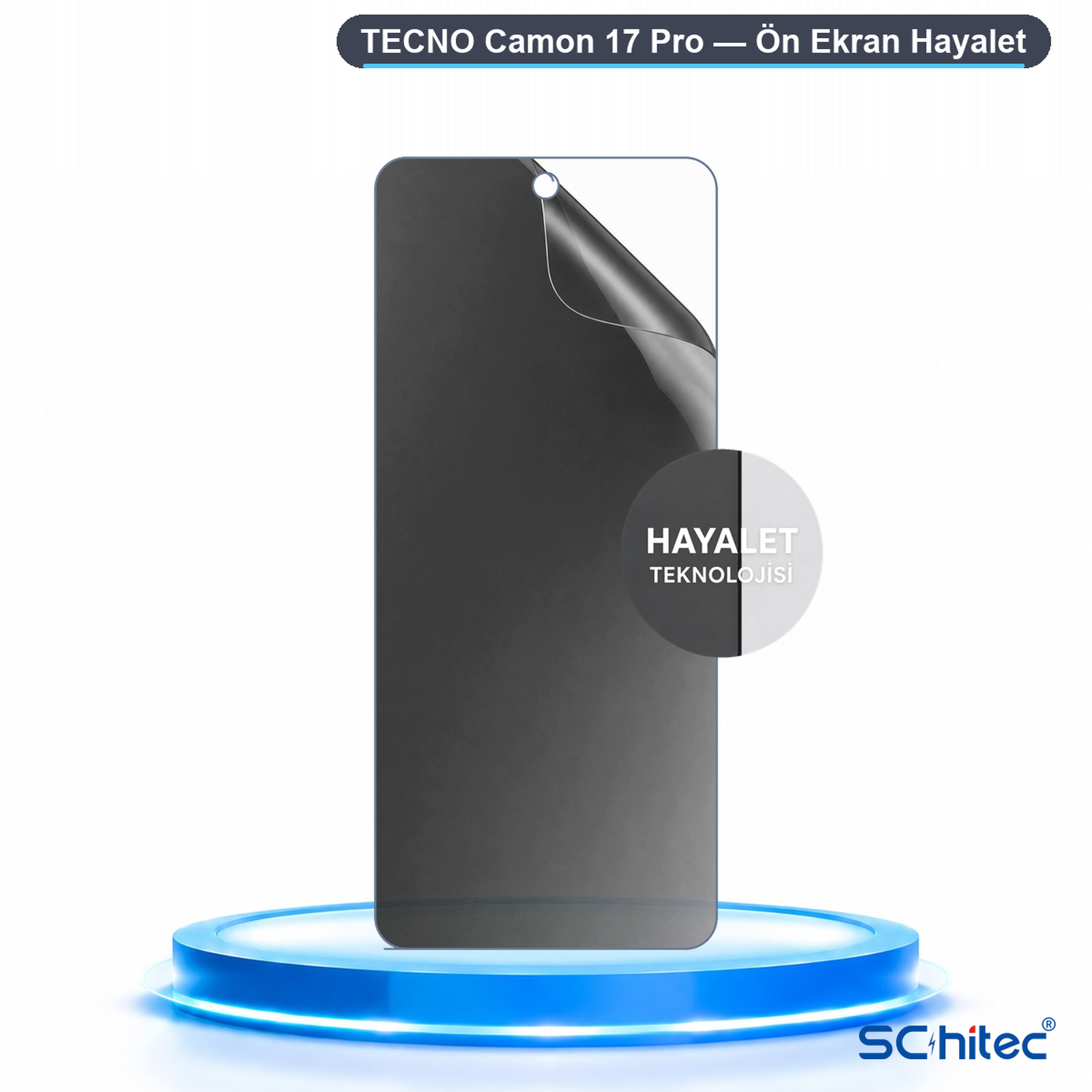Mavi kaide üzerinde Tecno Camon 17 Pro için gizlilik ekran koruyucusu.