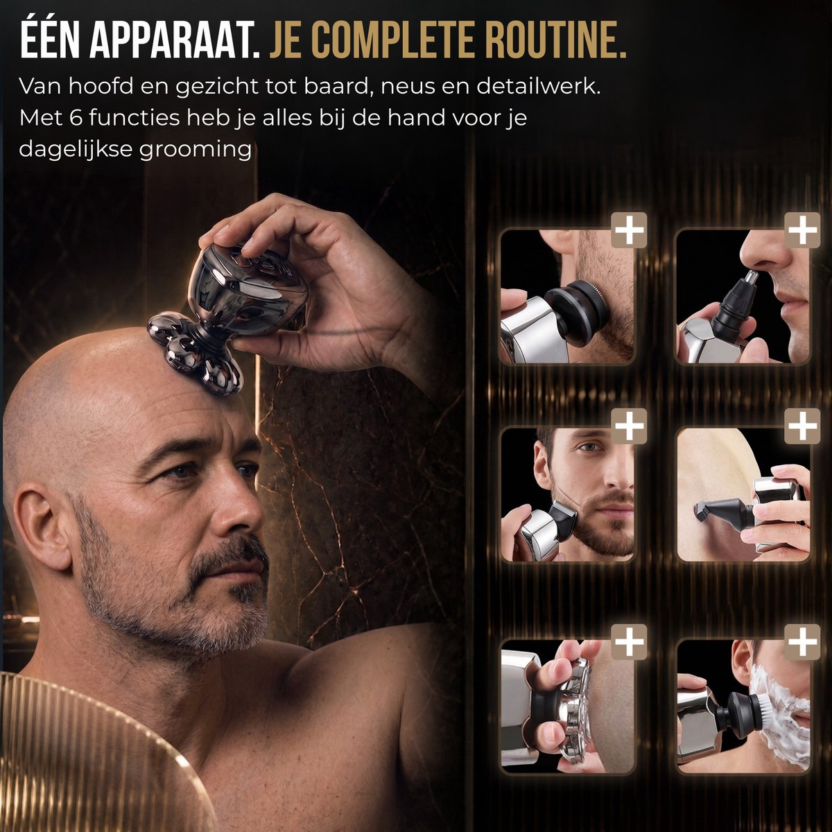 A man uses a versatile shaver for head, beard, nose, and body grooming with six different attachment heads.