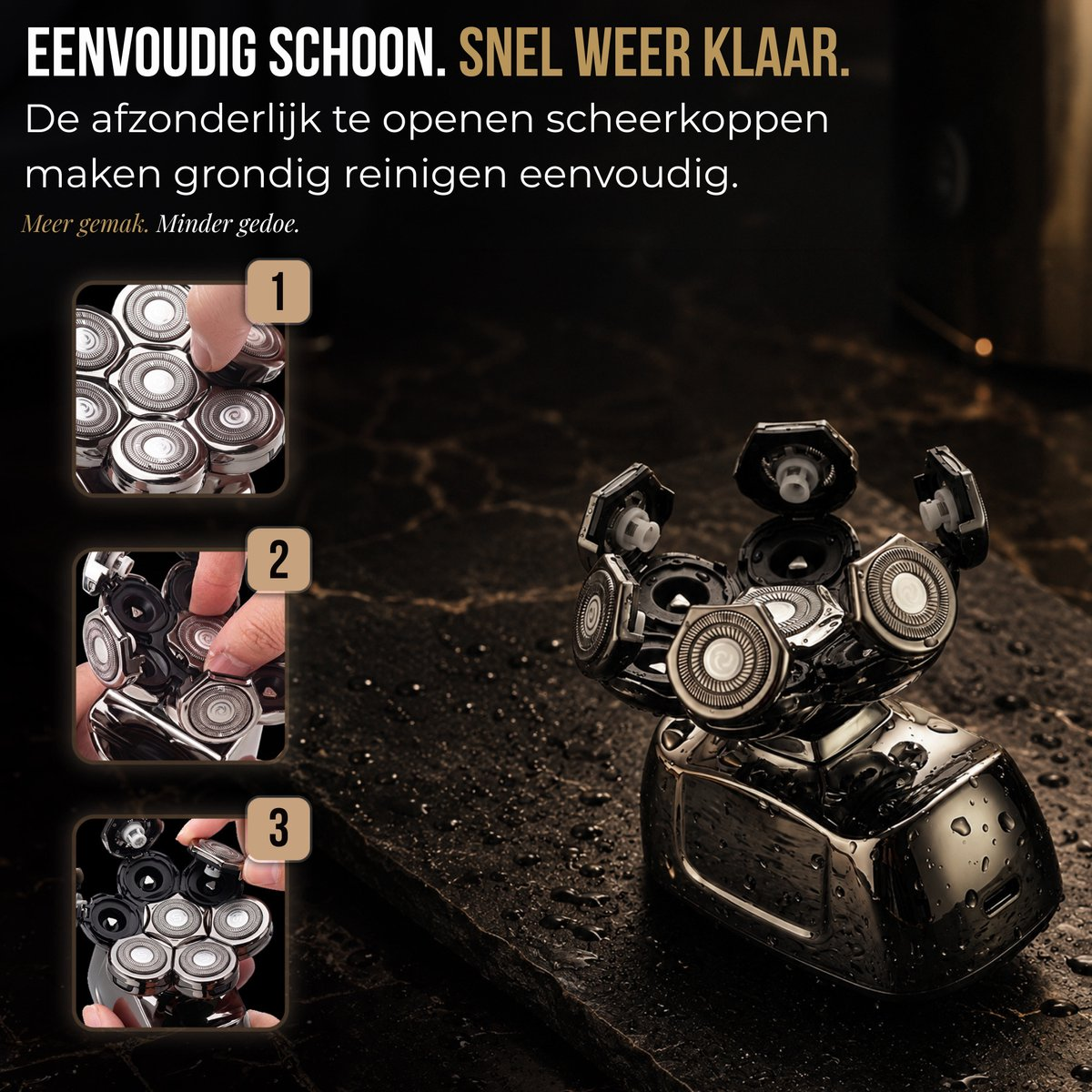 An electric shaver with open heads, accompanied by three instruction images showing how to open them for cleaning.